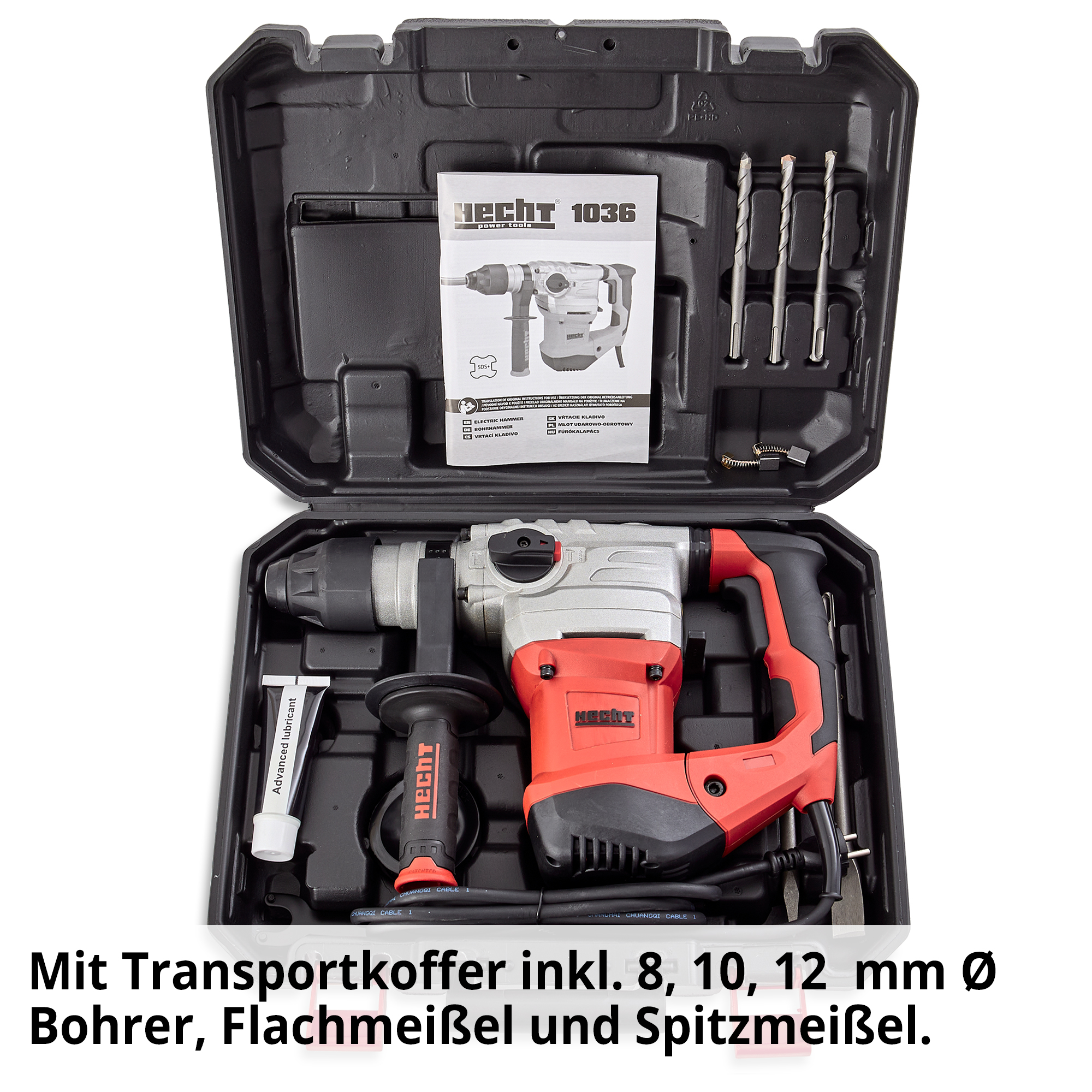 HECHT 1036 Bohrhammer mit Transportkoffer inkl. 8, 10, 12 mm Ø Bohrer, Flachmeißel und Spitzmeißel