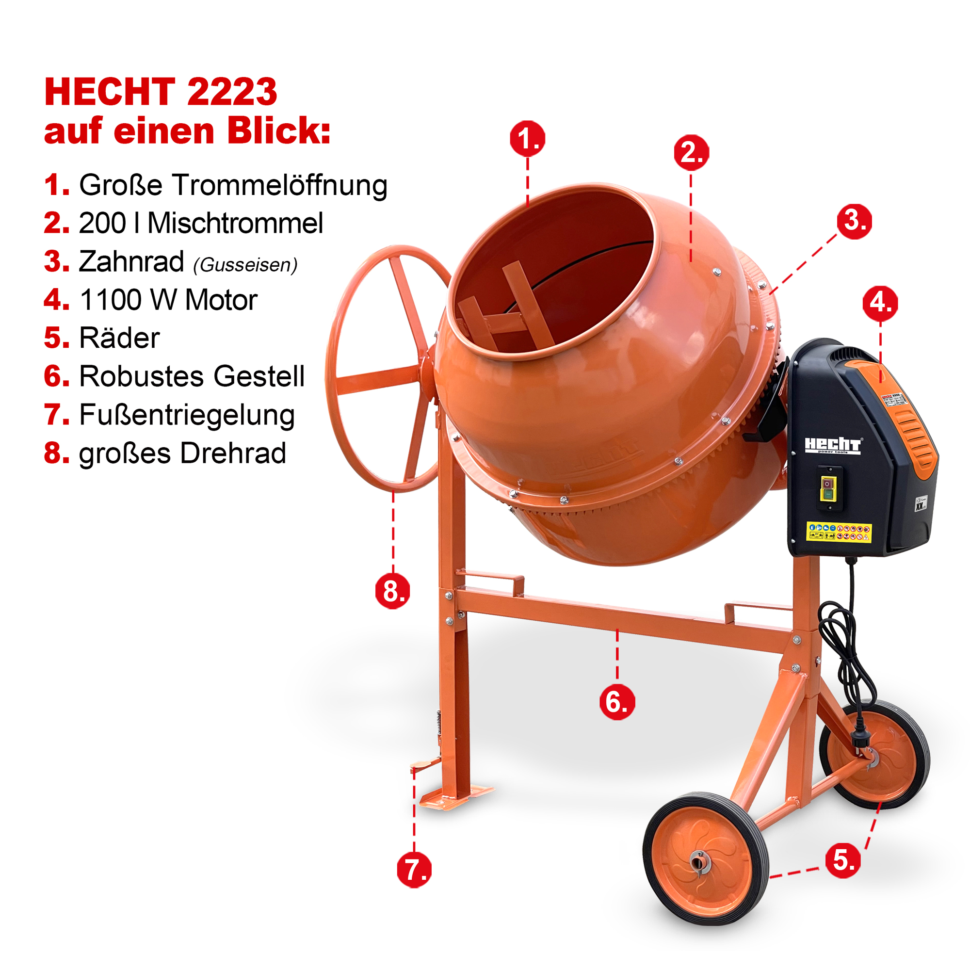 Hecht 2223 Betonmischer mit leistungsstarkem Motor und großer Mischtrommel