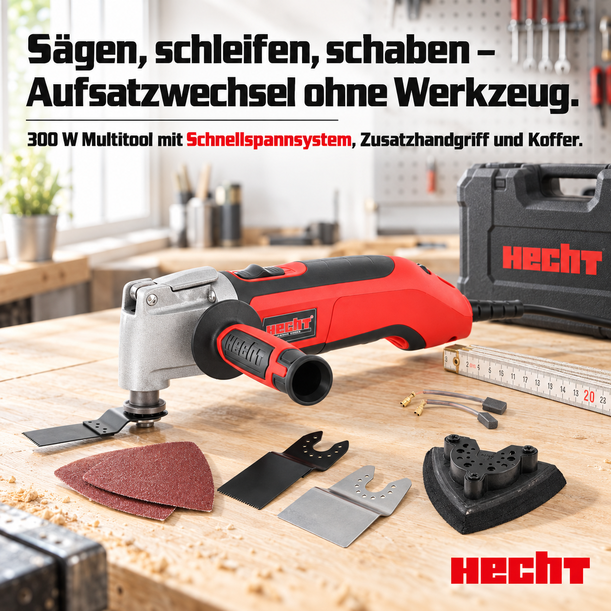 HECHT Multitool 1632 mit Koffer: Werkzeugloser Aufsatzwechsel in Sekunden (Dieses Bild wurde mit Hilfe von KI generiert.)