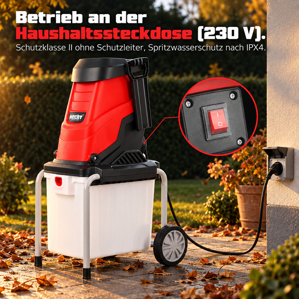 HECHT Gartenhäcksler für die 230V Haushaltssteckdose mit IPX4 (Dieses Bild wurde mit Hilfe von KI generiert.)