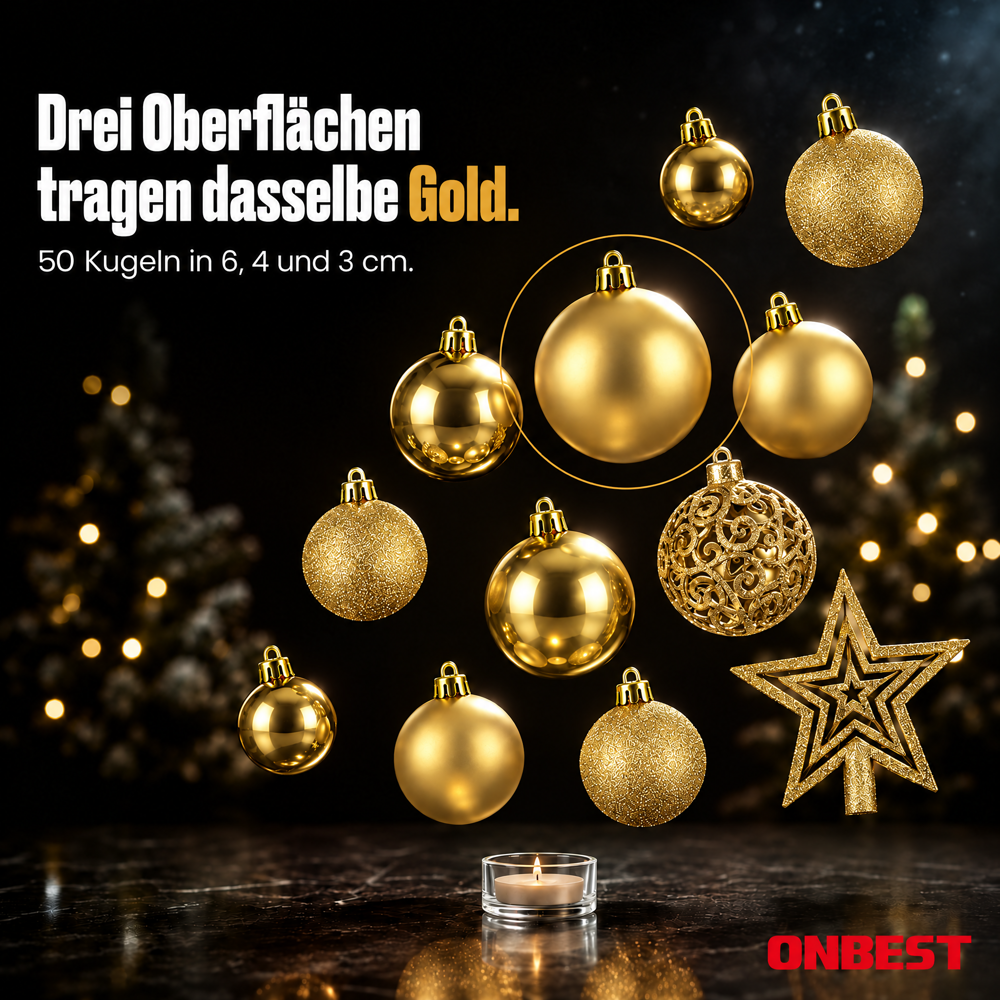Christbaumkugeln Gold ONBEST: Drei Oberflächen und Größen im Set. (Dieses Bild wurde mit Hilfe von KI generiert.)