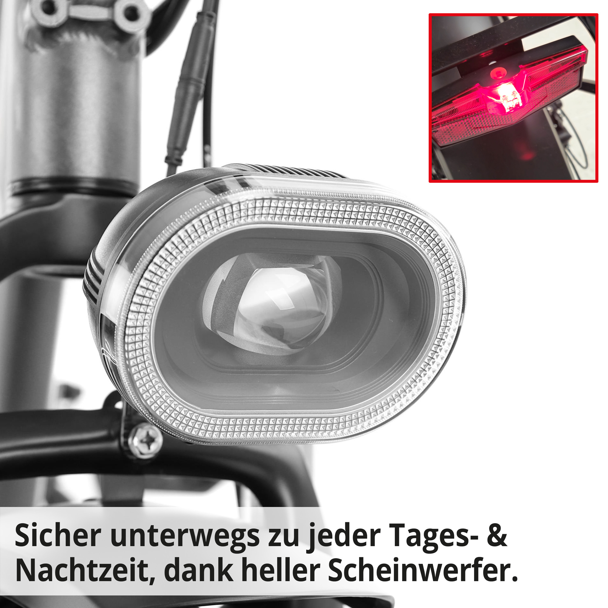 Elektro Klapprad; Sicher unterwegs zu jeder Tages- und Nachtzeit, dank heller Scheinwerfer