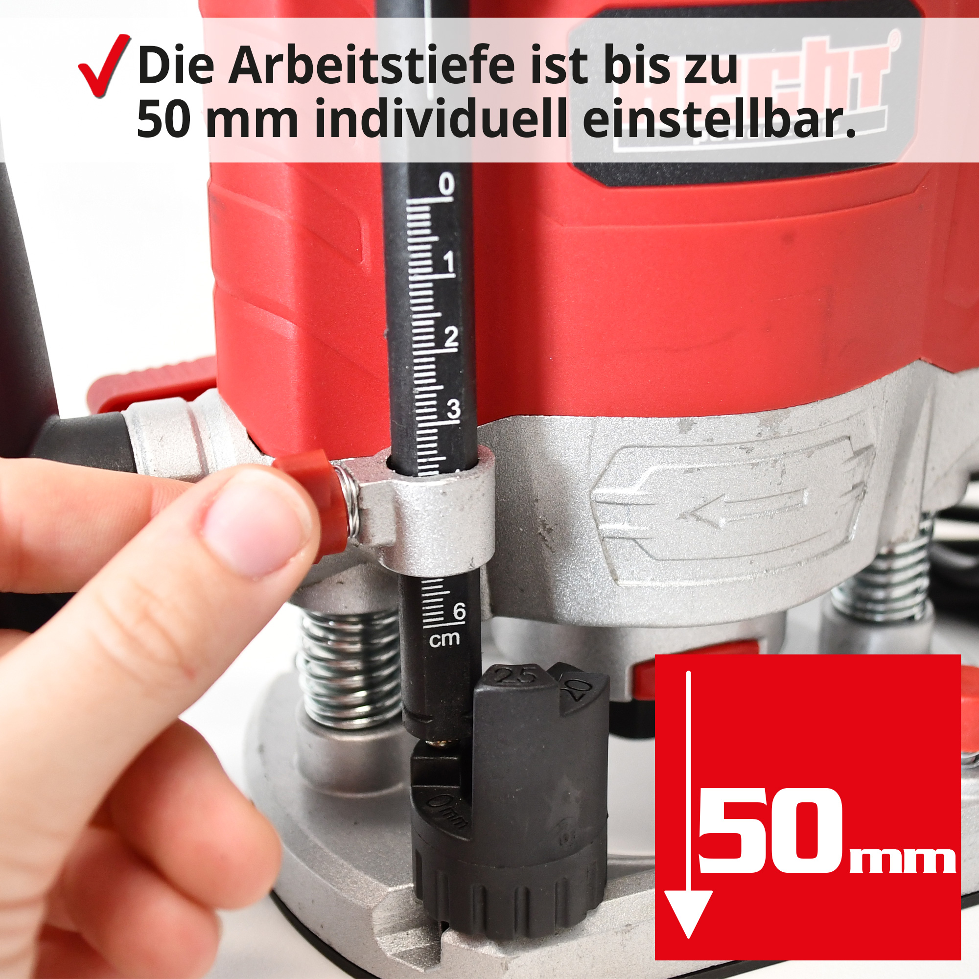 Hecht 1795 Oberfräse; Die Arbeitstiefe ist bis zu 50mm individuell einstellbar