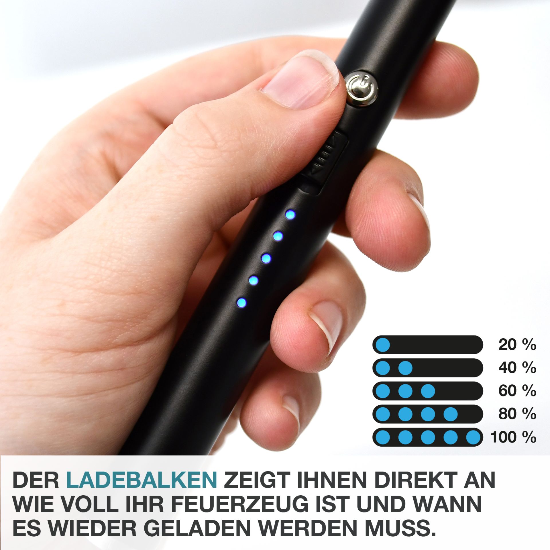 TOM Lichtbogenfeuerzeug; Ladebalken zeigt Akkustand an