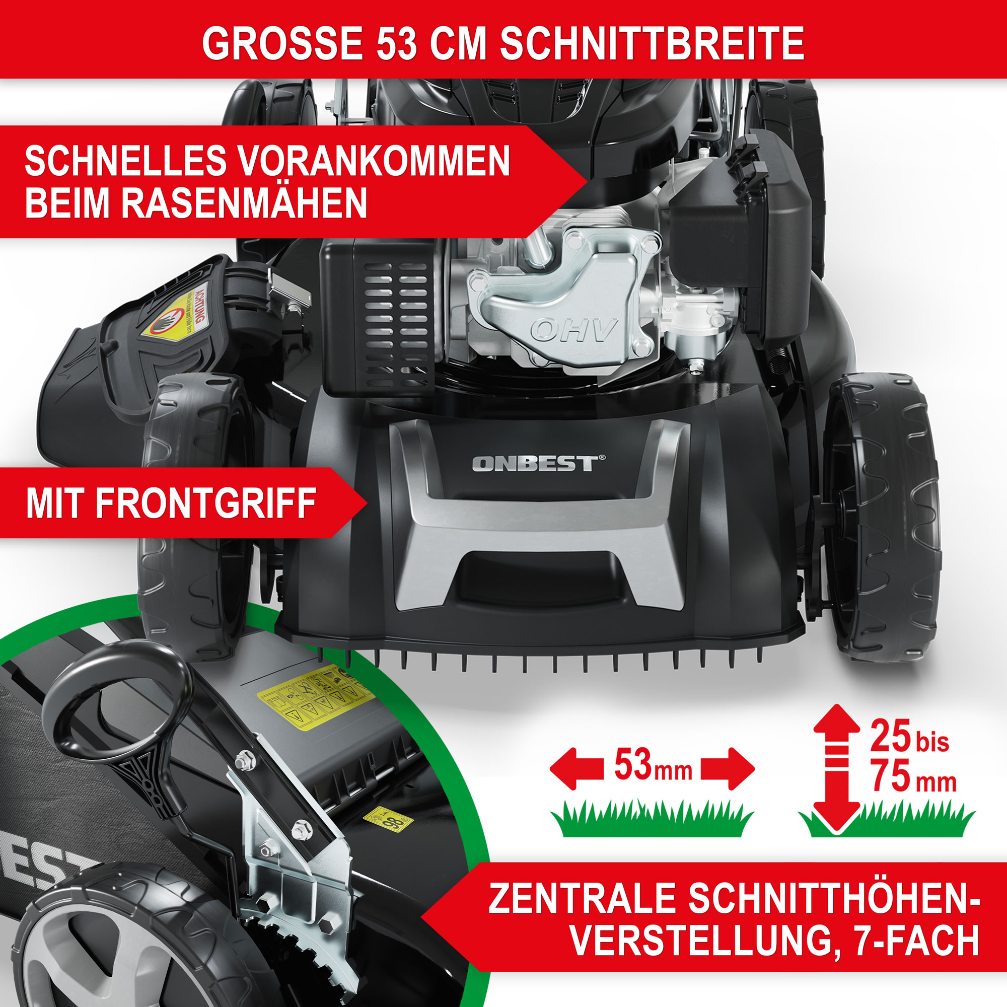 Rasenmäher Benzin TXC-3653 E - Große Schnittbreite; schnelles vorankommen beim Rasenmähen; mit Frontgriff; zentrale Schnitthöhenverstellung