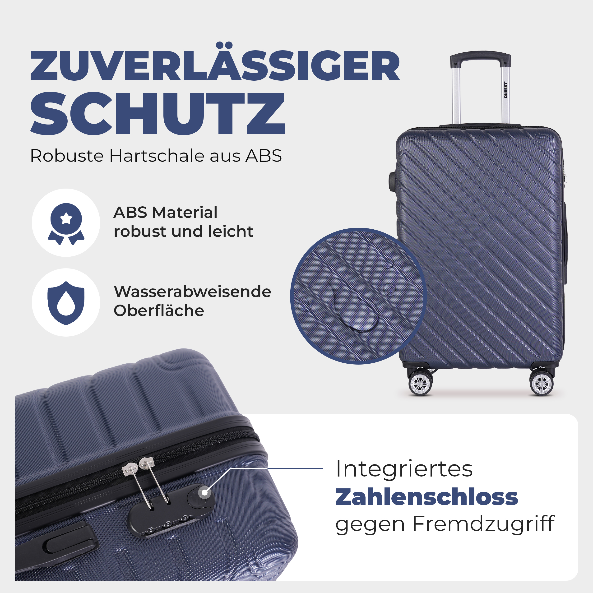 ONBEST Koffer Premium Dunkel Blau mit robuster ABS-Hartschale und Zahlenschloss