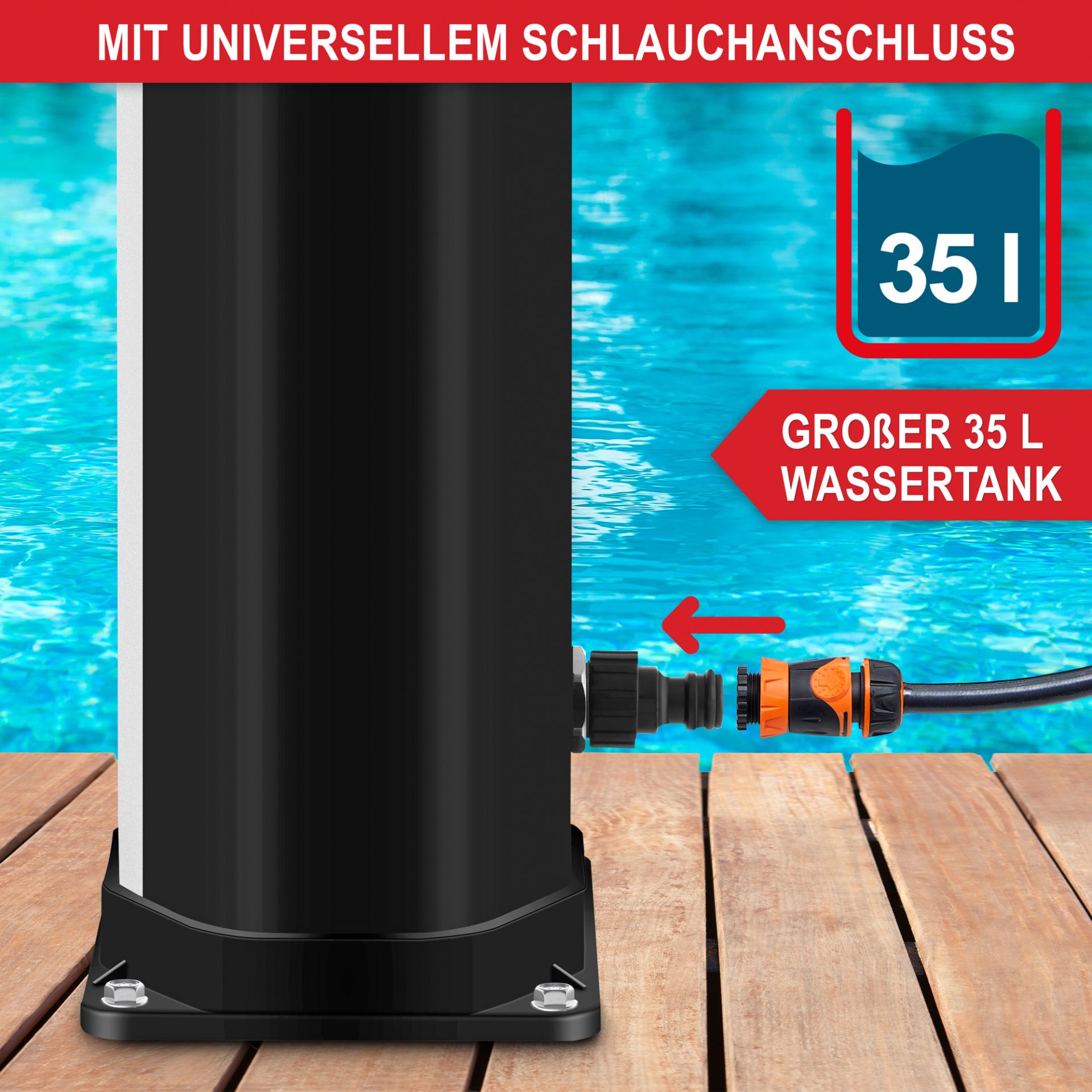 Solardusche schwarz/ silber - universeller Schraubanschluss, großer Wassertank