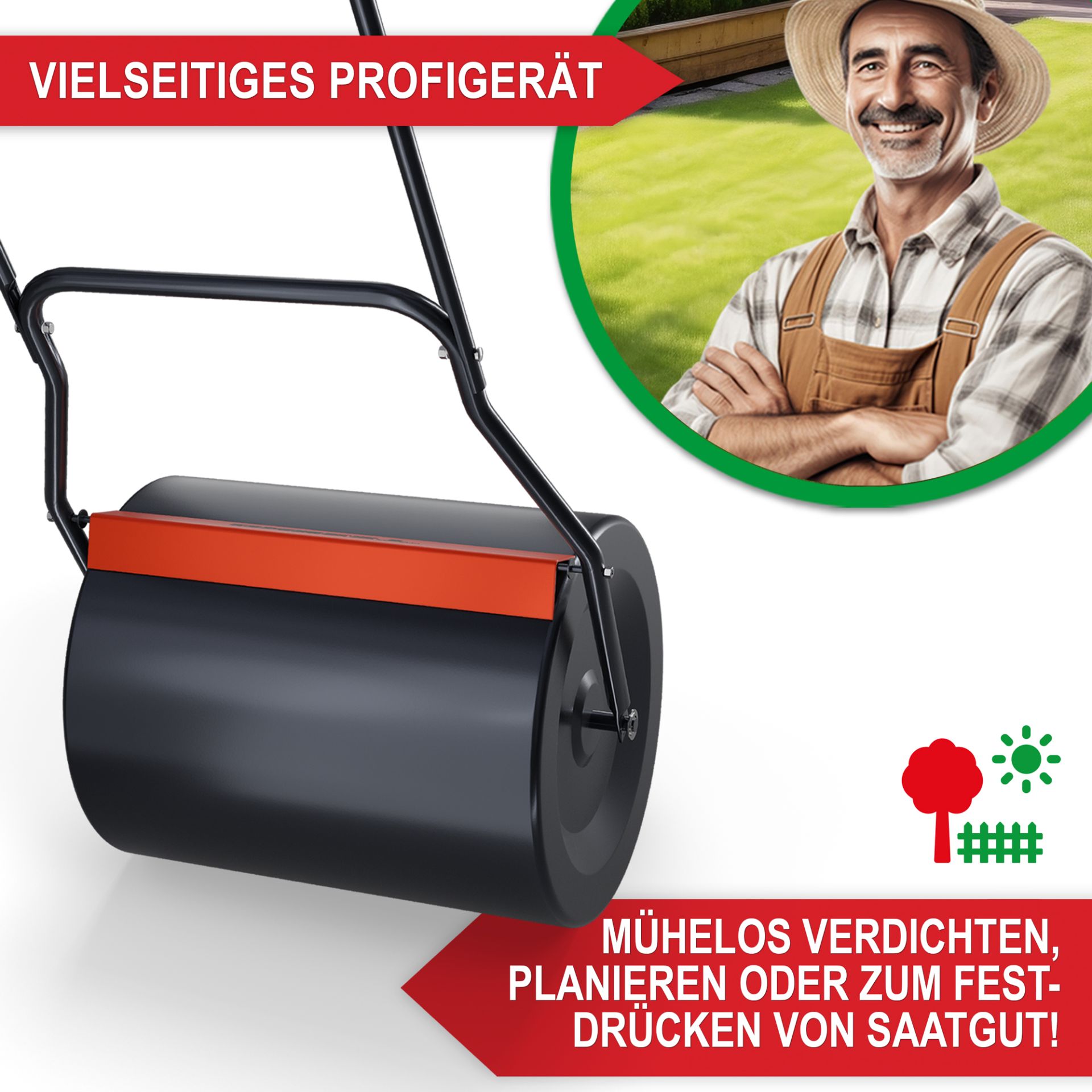 Gartenwalze - vielseitiges Profigerät, mühelos verdichten, zum planieren oder zum festdrücken von Saatgut