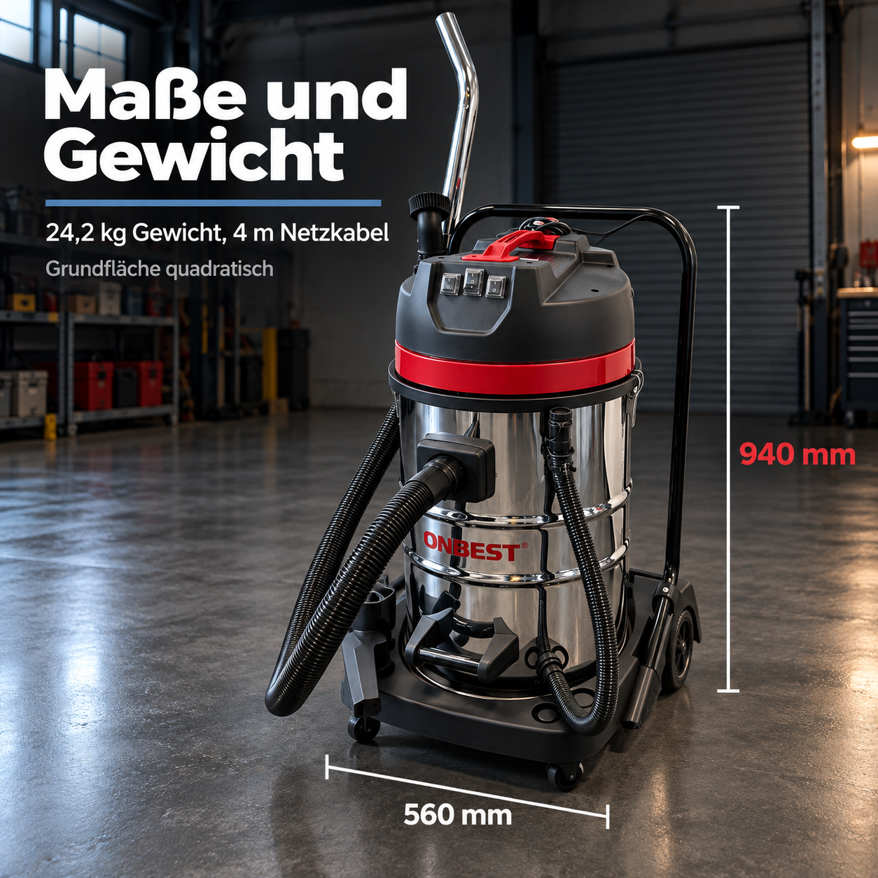 Maße des ONBEST Saugers: Kompakte 94 cm Höhe bei 24,2 kg Gewicht (Dieses Bild wurde mit Hilfe von KI generiert.)