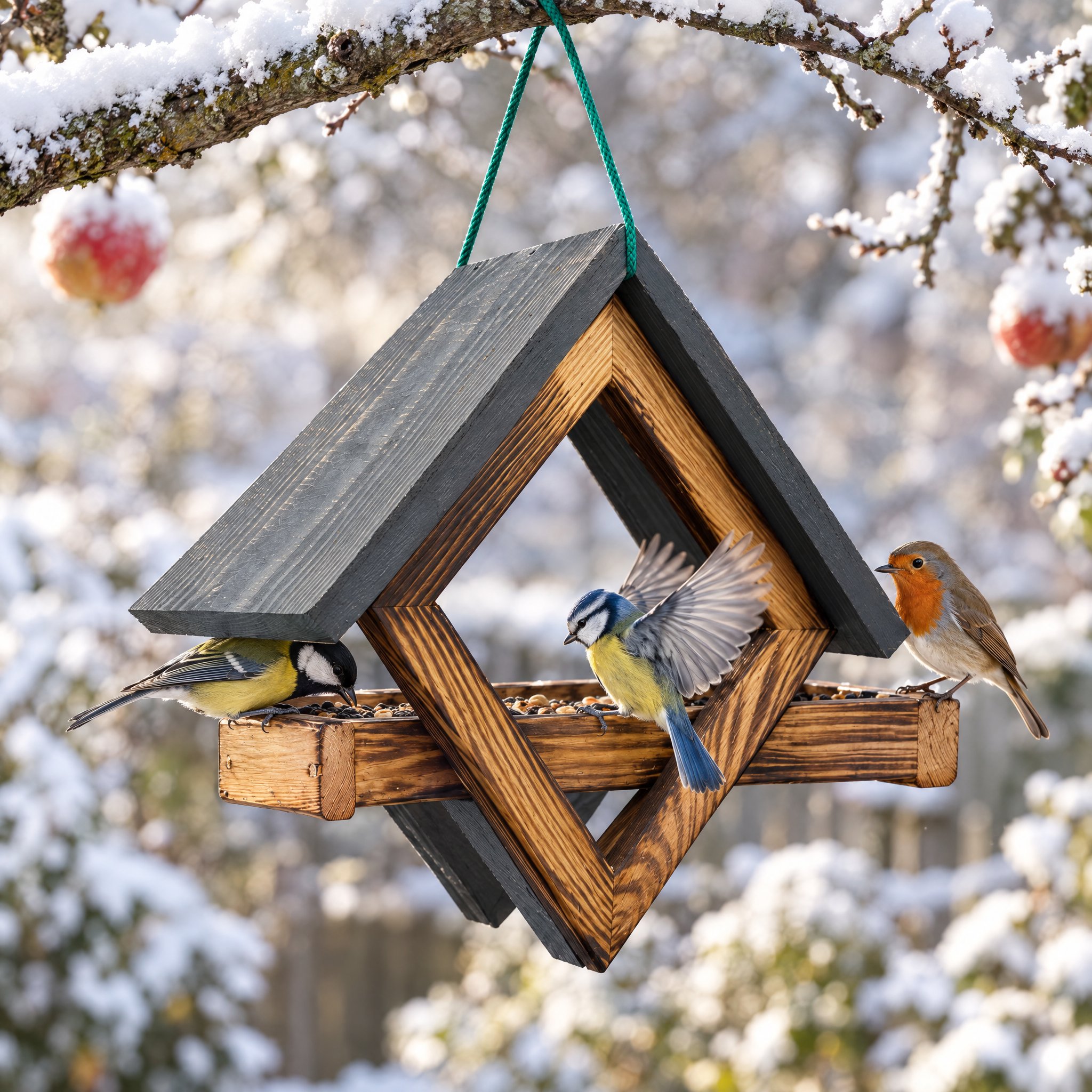 Vogelhaus Geflammt im Einsatz: Blaumeise, Kohlmeise und Rotkehlchen (Dieses Bild wurde mit Hilfe von KI generiert.)