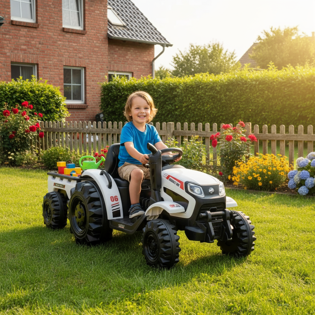 Hecht 50435 WHITE Elektro Kindertraktor mit Anhänger im Garten