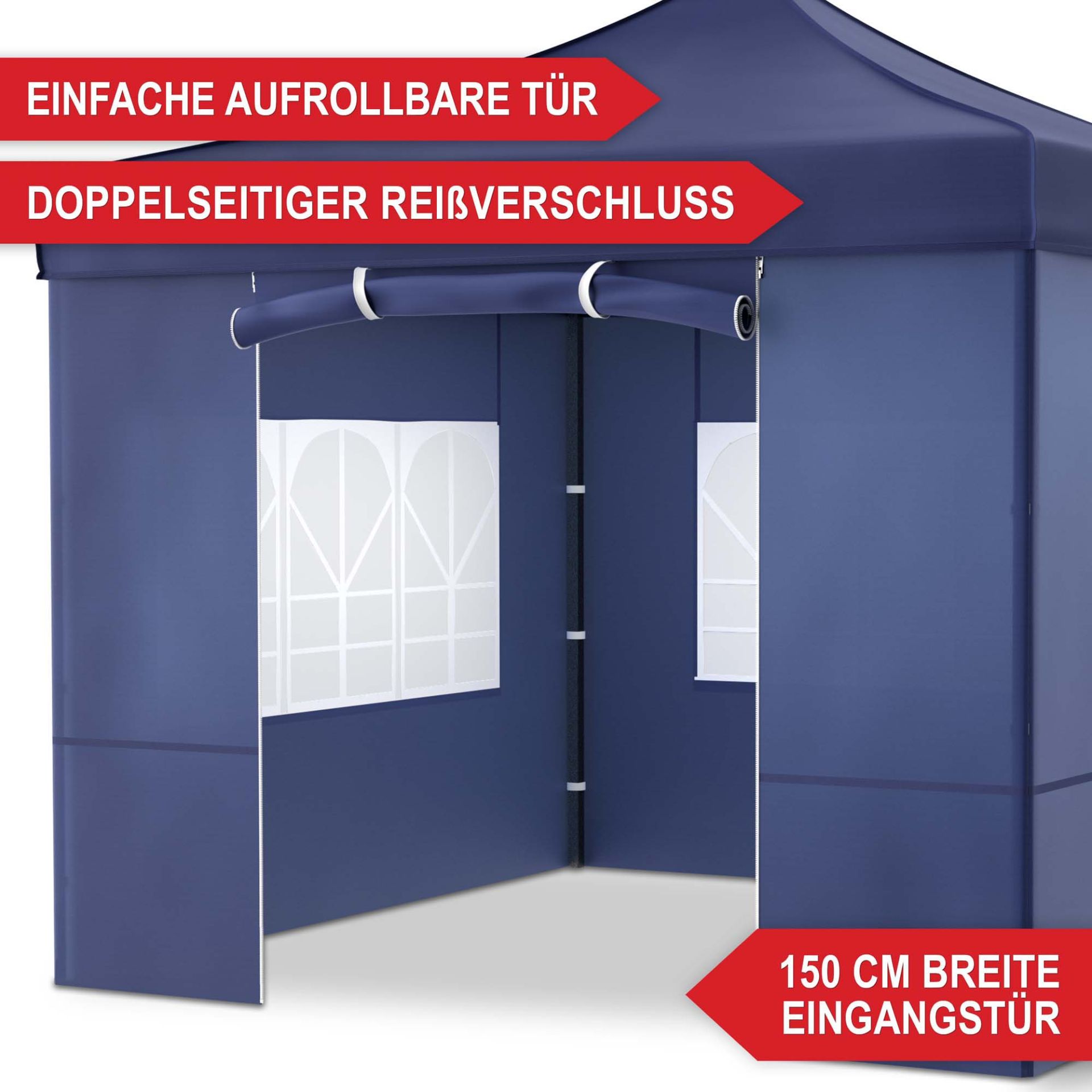 Pavillon blau - Einfache aufrollbare Tür, doppelseitiger Reißverschluss, 150 Centimeter breite Eingangstür