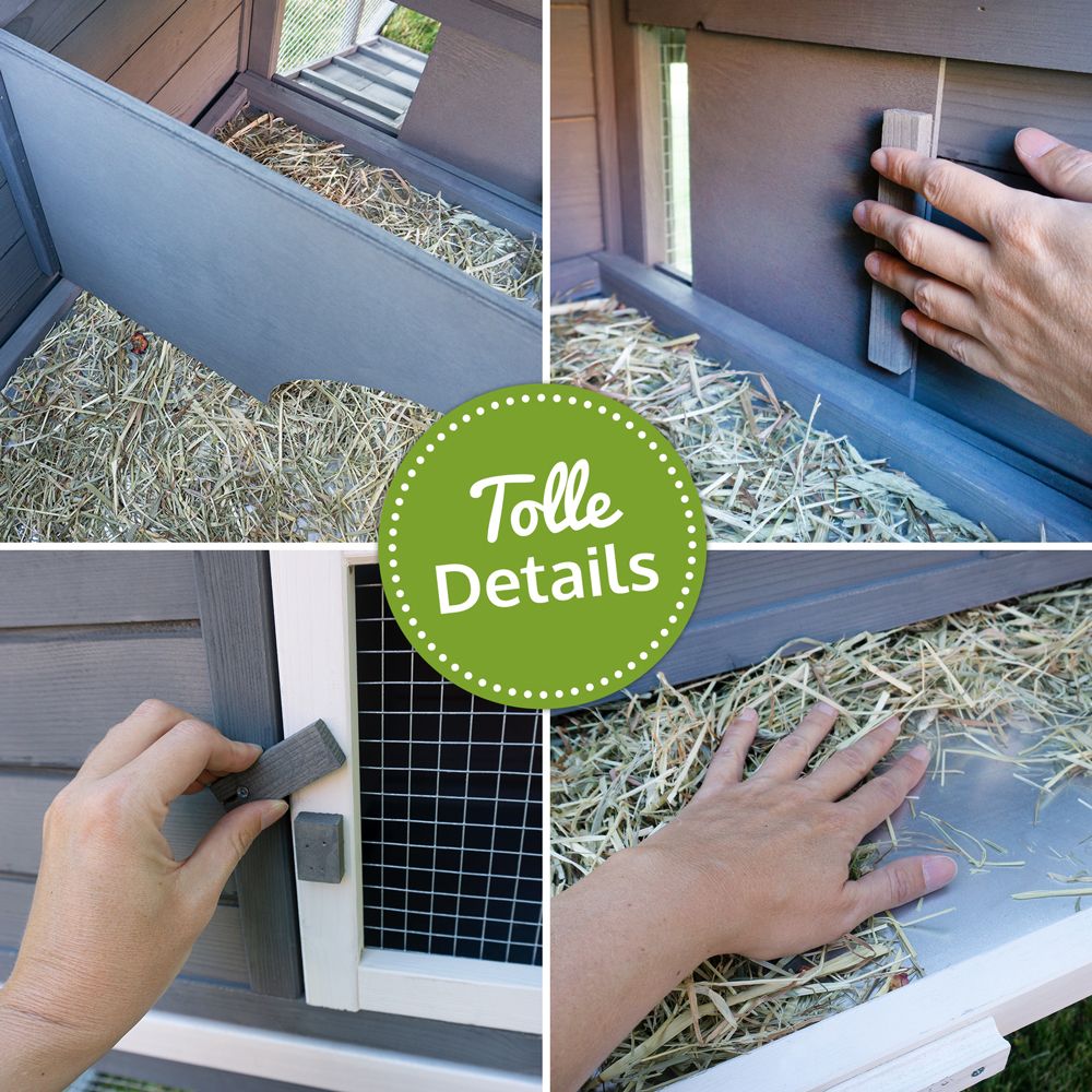 Hasenstall Dream Grey; Details wie Gittertüren und Schiebetüren Hasenstall Dream Grey; Details wie Gittertüren und Schiebetüren