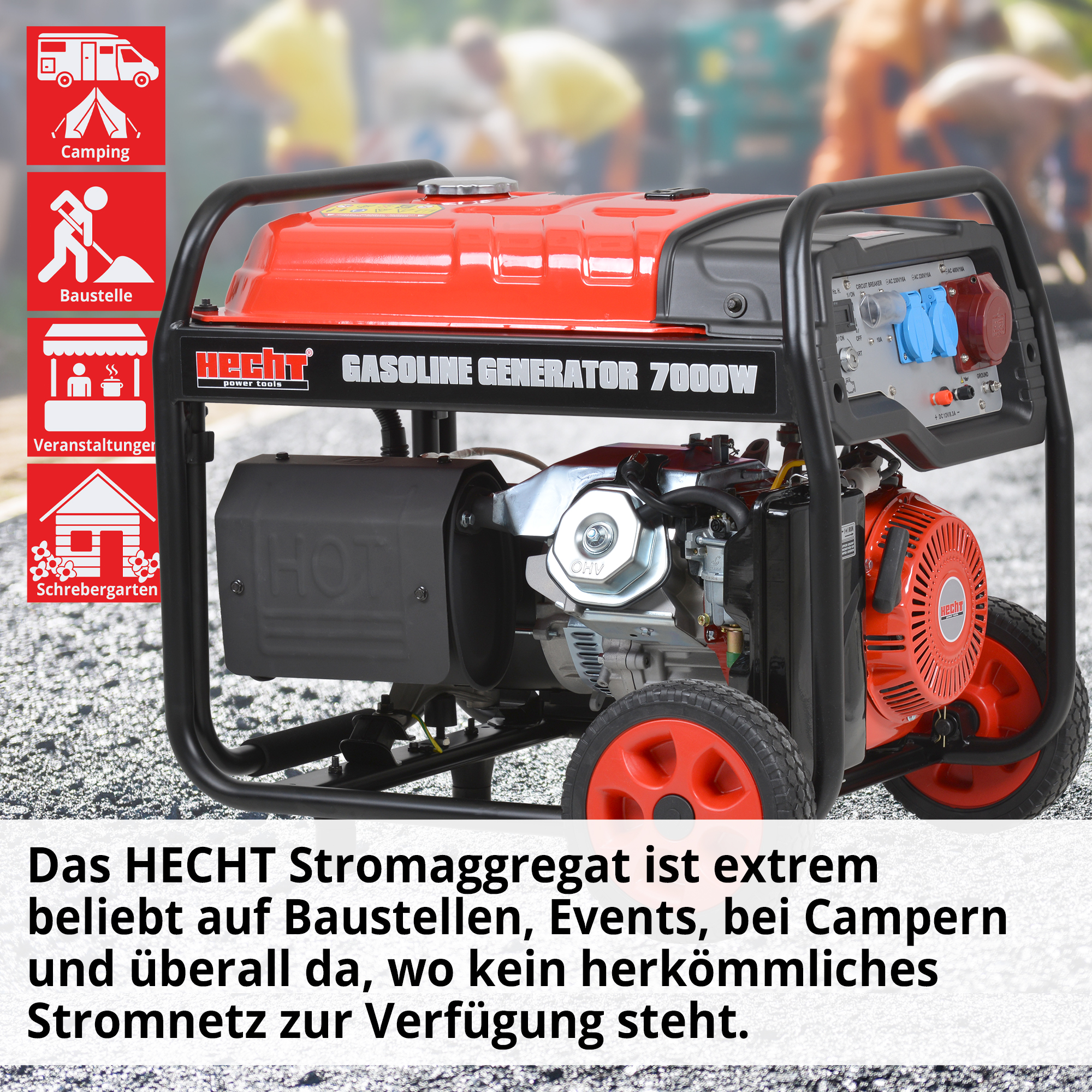 Notstromaggregat Benzin ist extrem beliebt auf Baustellen, Events bei Campern und überall da, wo kein herkömmliches Stromnetz zur Verfügung steht