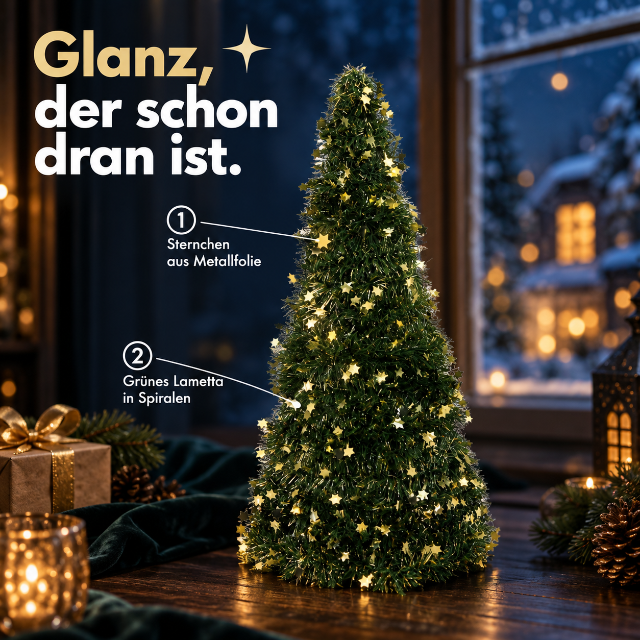 Deko-Baum Details: Grünes Lametta in Spiralen mit Sternchen aus Metallfolie (Dieses Bild wurde mit Hilfe von KI generiert.)