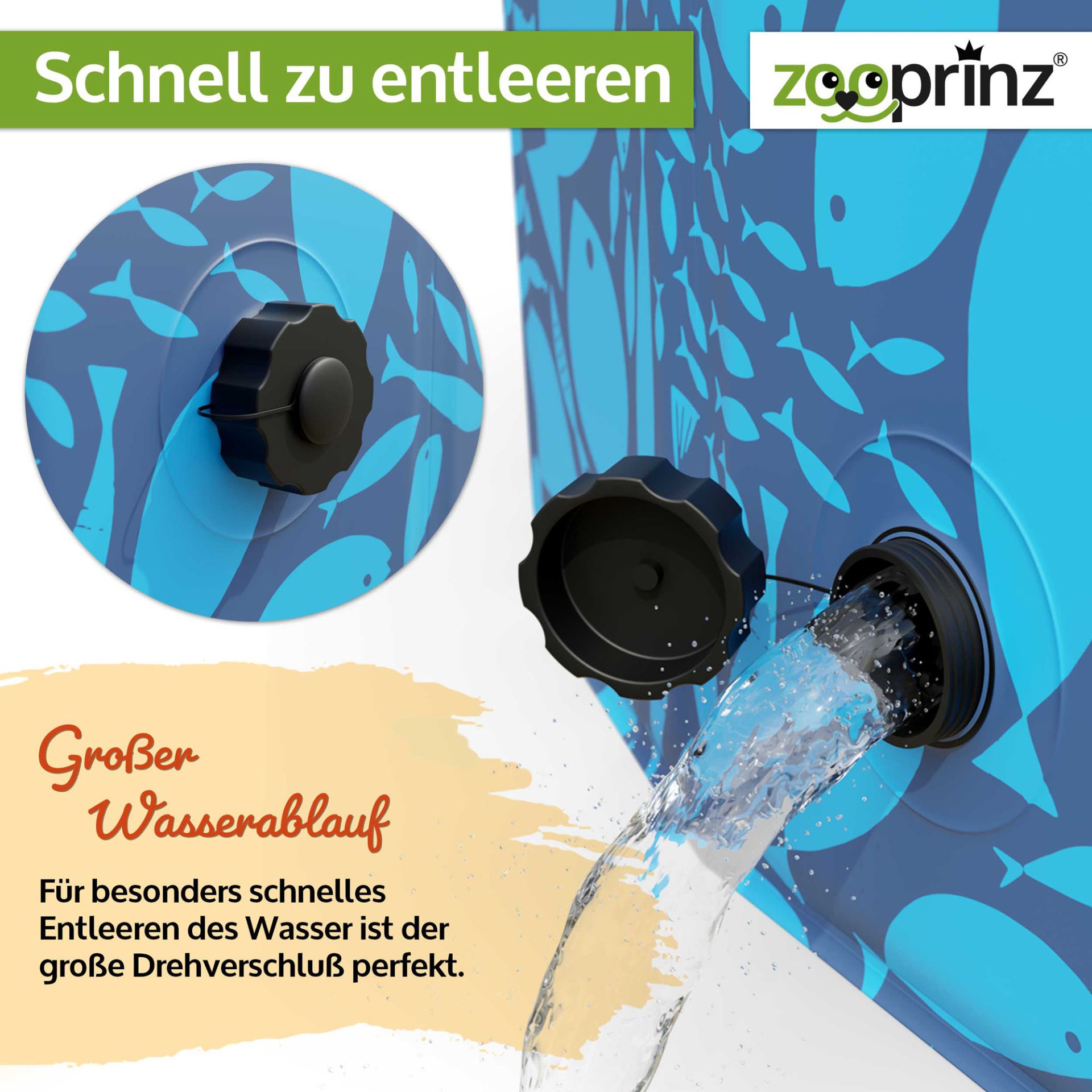 Hundepool; großer Wasserablauf mit Drehverschluss