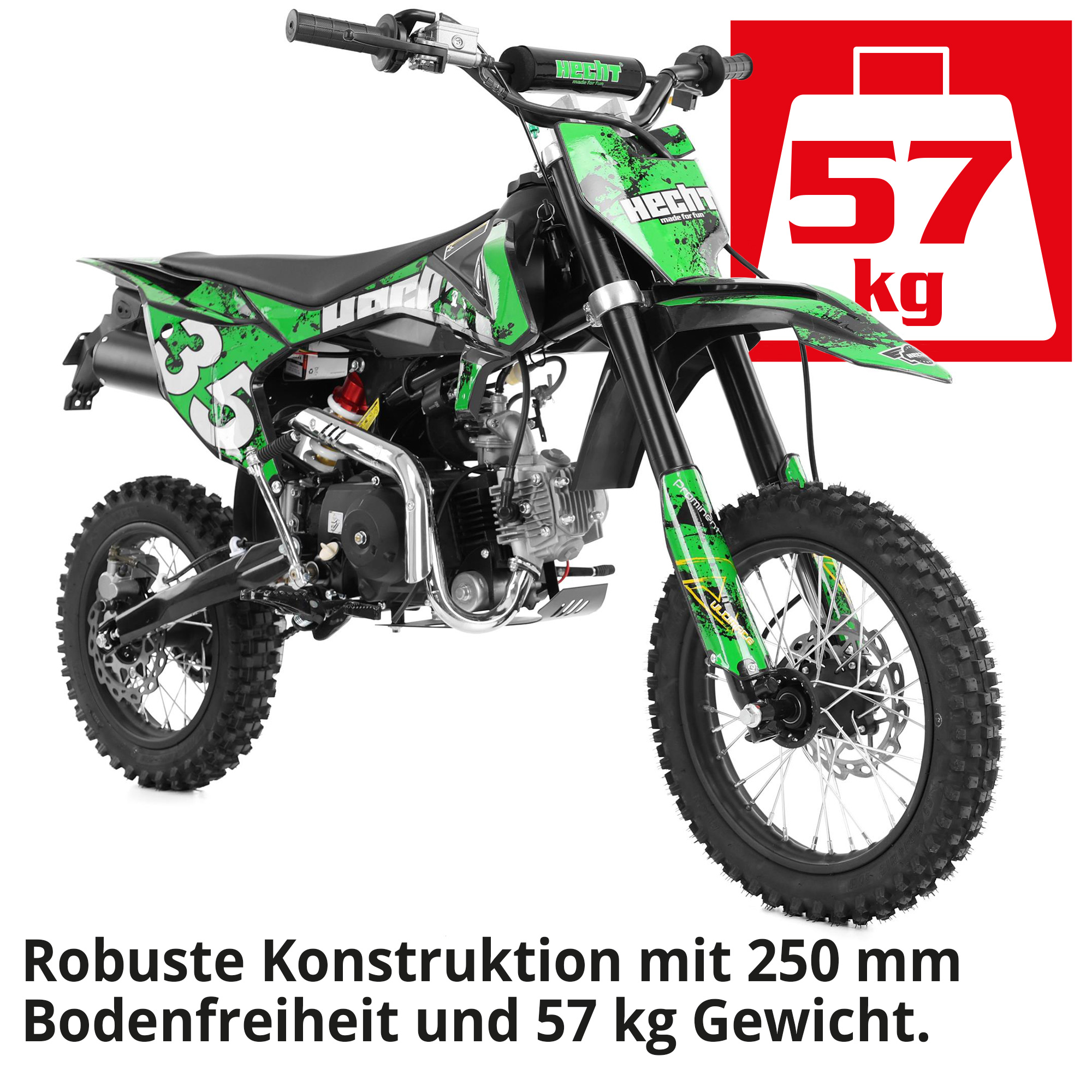 Hecht Motorcrossbike grün mit robuster Kontruktion mit großer Bodenfreiheit und leichtem Gewicht