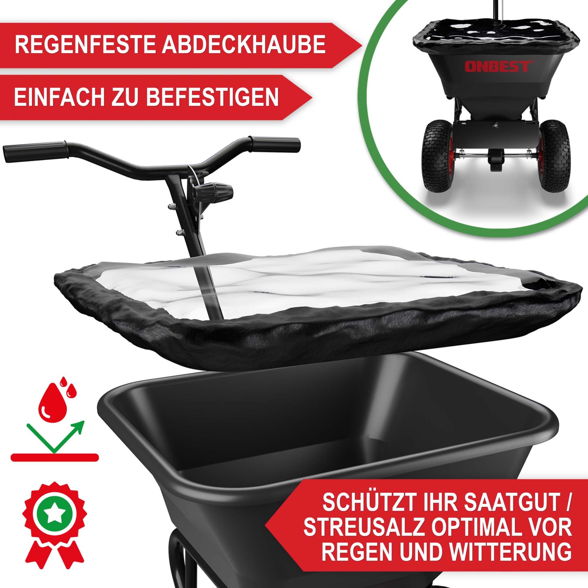 Streuwagen - regenfeste Abdeckhaube, einfach zu befestigen, schützt ihr Saatgut und Streusalz optimal vor Regen und Witterung