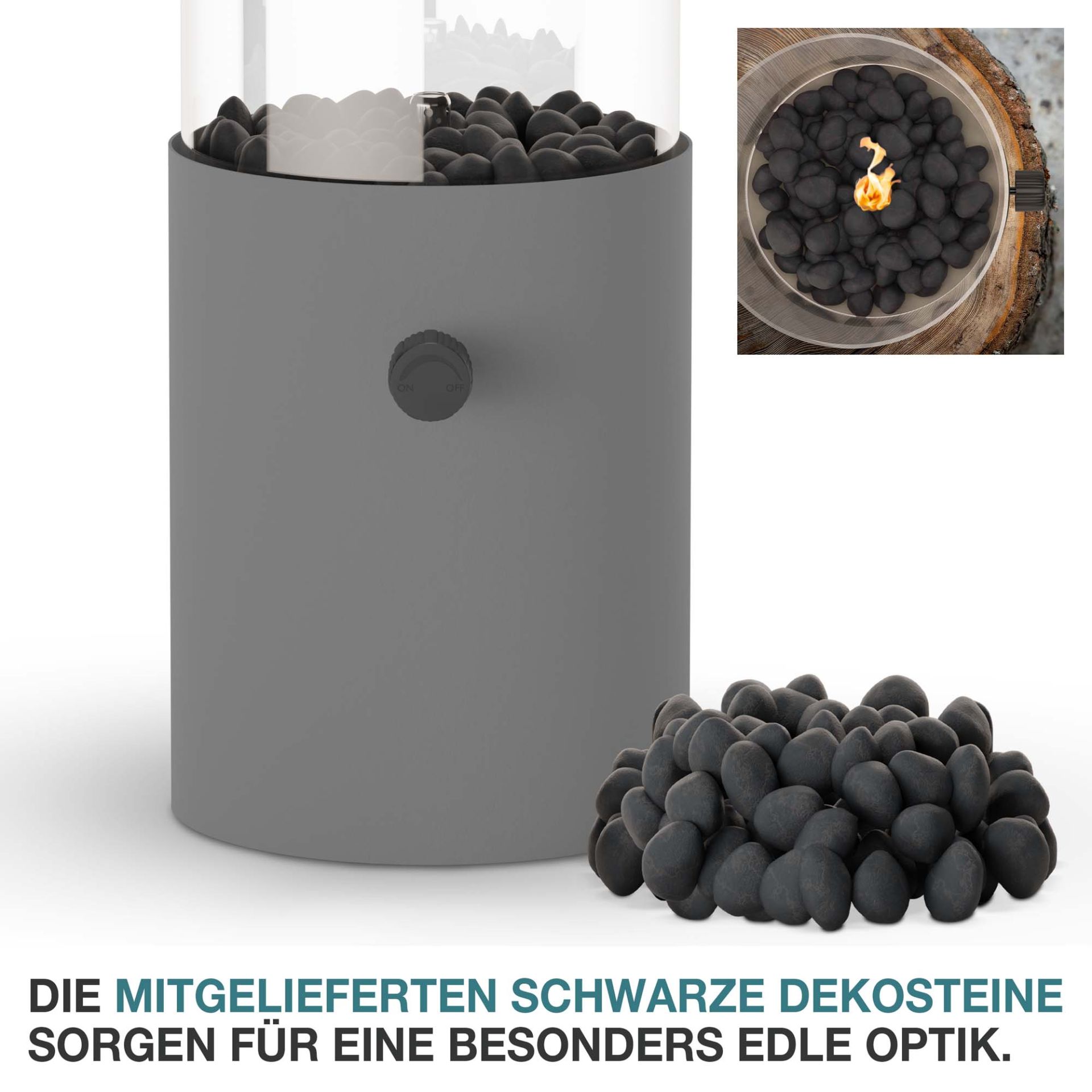 Tischkamin mit schwarzen Deko-Steinen, ideal für stimmungsvolle Tischdeko mit Flamme