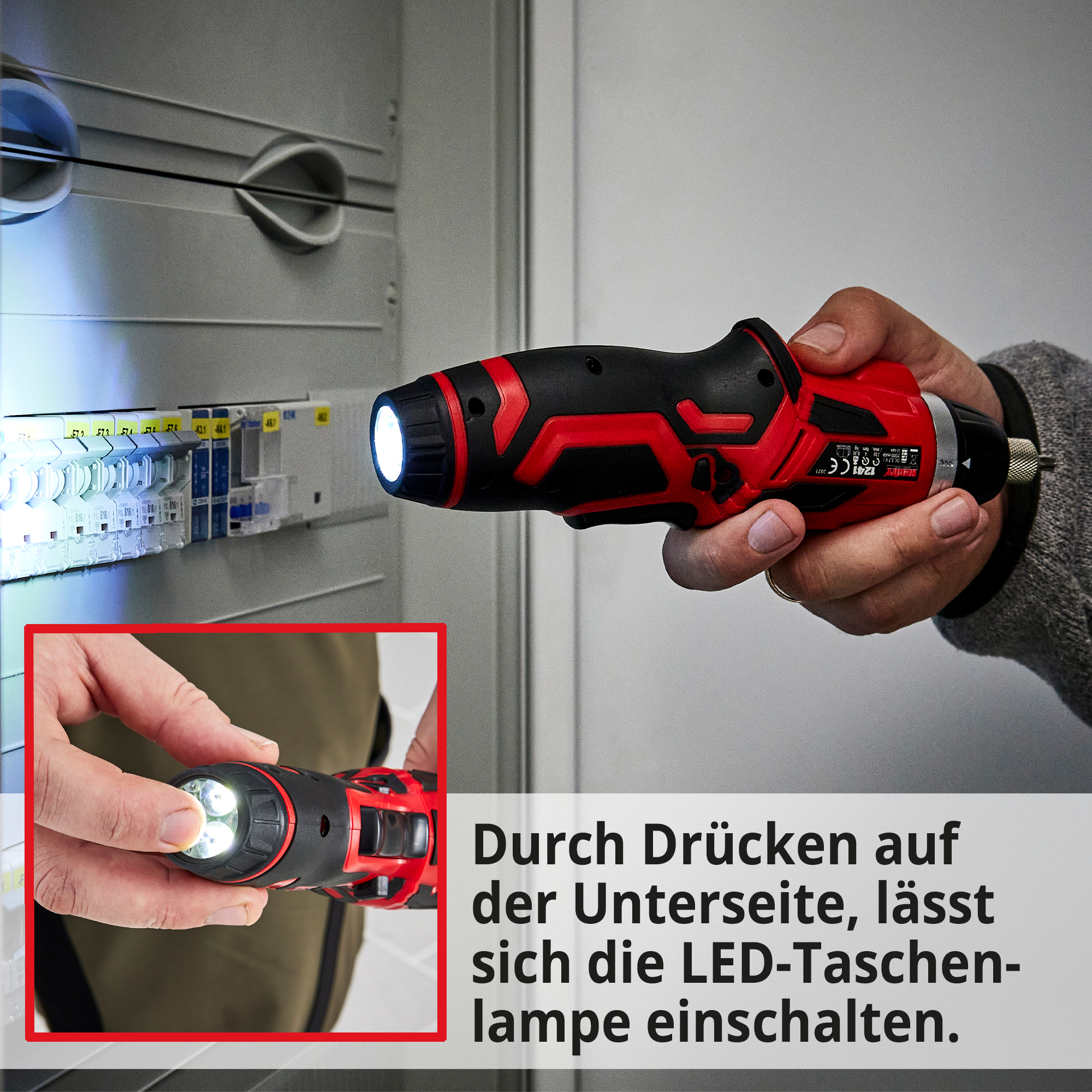 HECHT 1241 Mini-Akkuschrauber; Durch Drücken auf der Unterleiste, lässt sich die LED-Taschenlampe einschalten