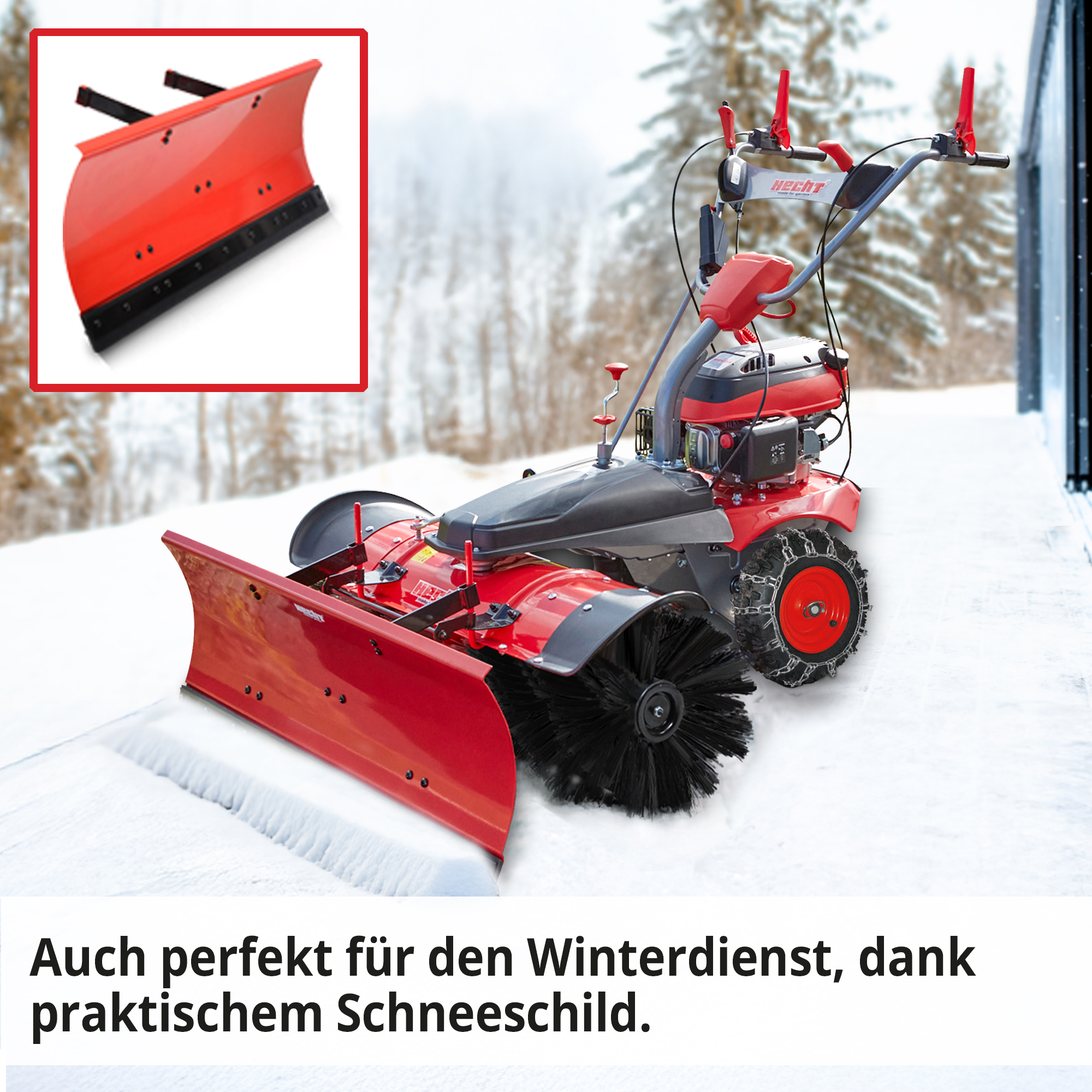 Die HECHT Benzin Kehrmaschine 8101 S Set 2 Kehrmaschine mit 105 cm breiten Schneeschild ist die ideale Lösung für müheloses Schneeschieben