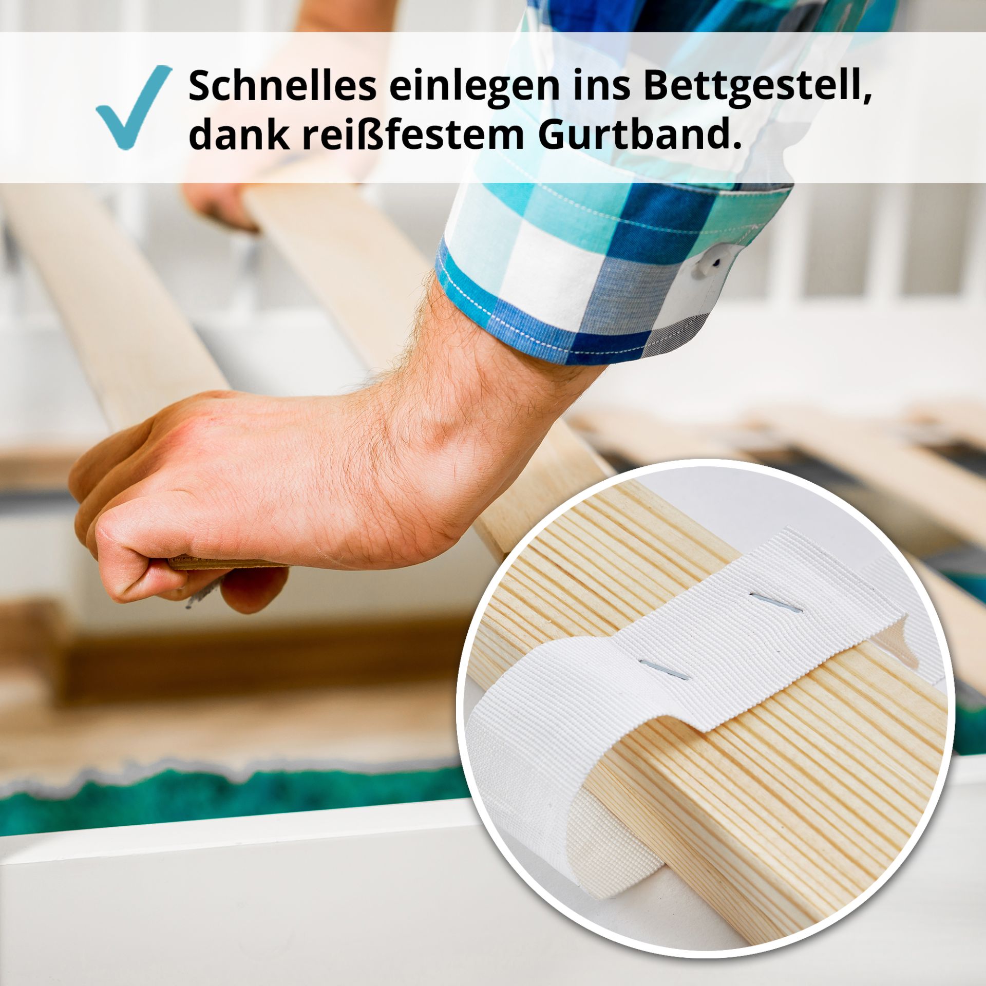 Lattenrost mit reißfestem Gurtband – schnell und einfach im Bettgestell verlegt für optimalen Halt Lattenrost mit reißfestem Gurtband – schnell und einfach im Bettgestell verlegt für optimalen Halt