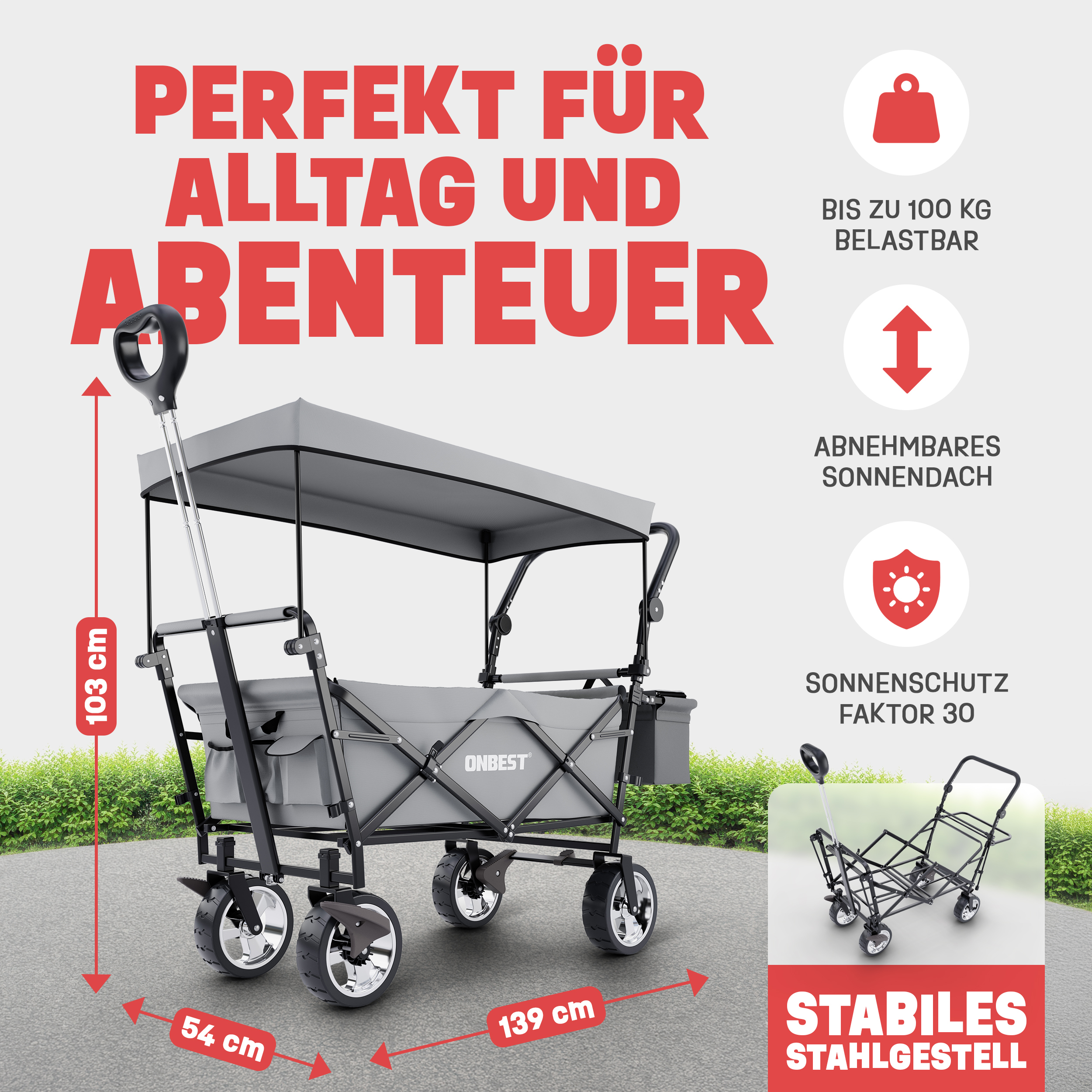 Klappbarer Handwagen mit Stahlrahmen und UV-Schutzdach