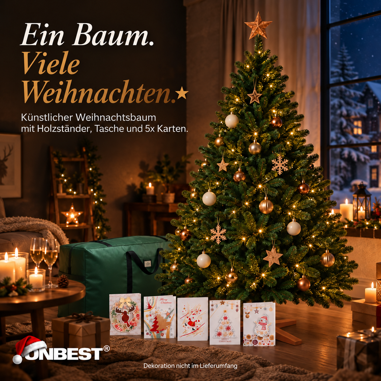 Künstlicher Weihnachtsbaum ONBEST inklusive Holzständer, Tasche und Karten (Dieses Bild wurde mit Hilfe von KI generiert.)
