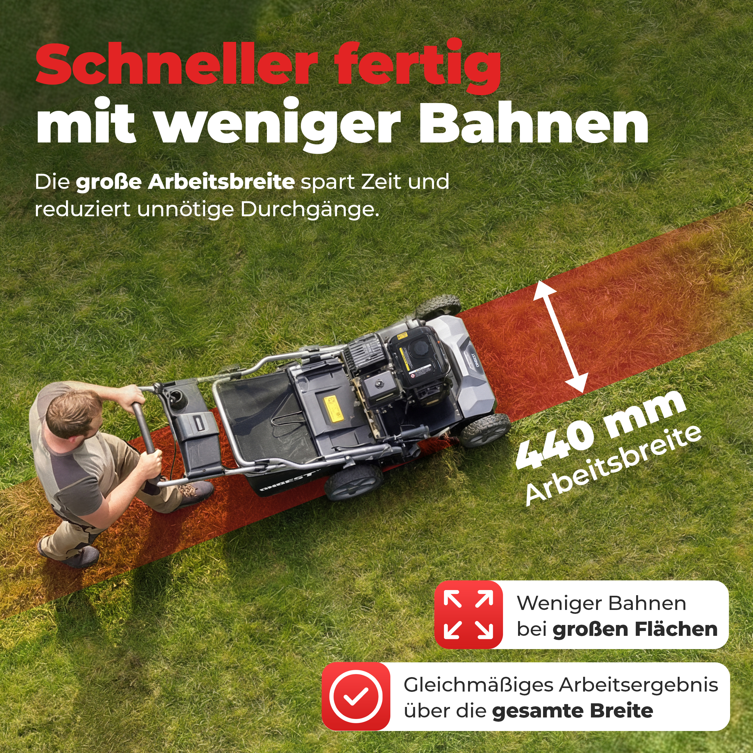 Benzin Vertikutierer Arbeitsbreite 44 cm 440 mm breite Bahnen Zeitersparnis