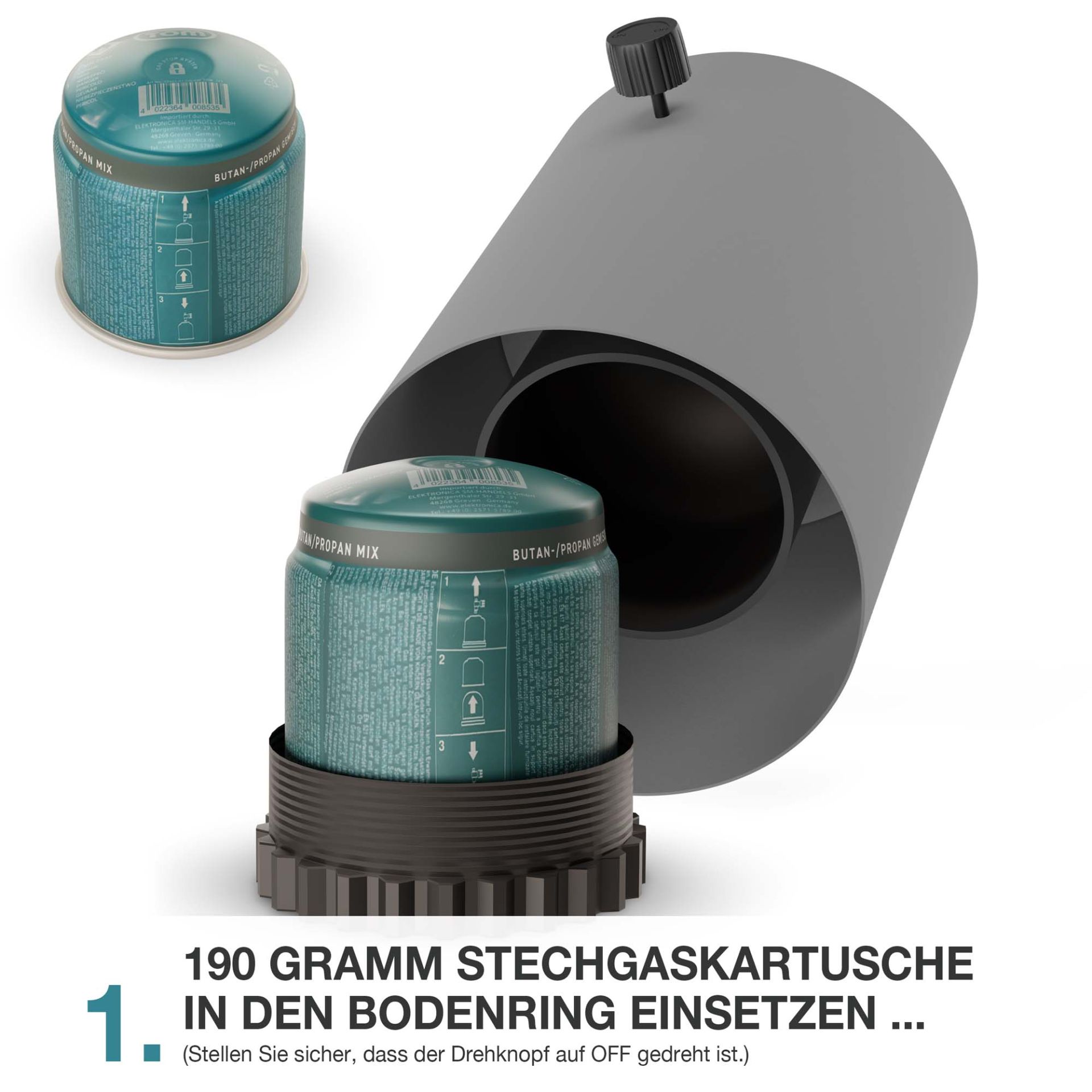 Tischkamin Gaskartusche einsetzen – Kartusche in den Bodenring eindrehen und fixieren