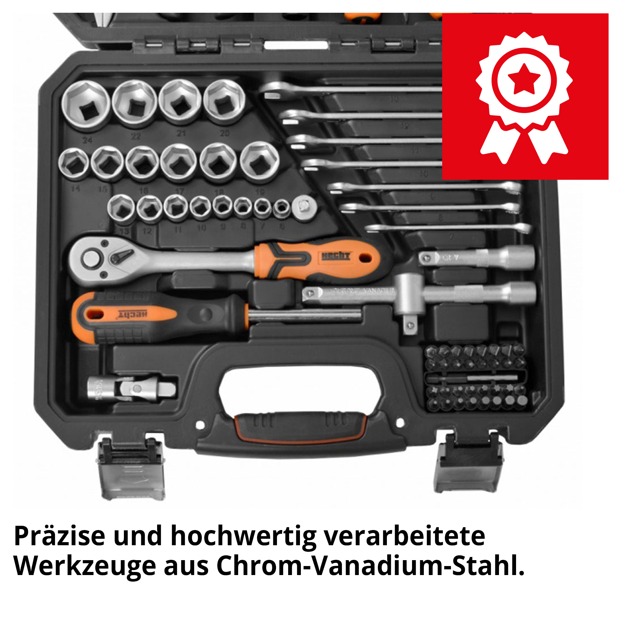 HECHT Werkzeugkoffer mit hochwertigem Werkzeug aus Chrom-Vanadium Stahl
