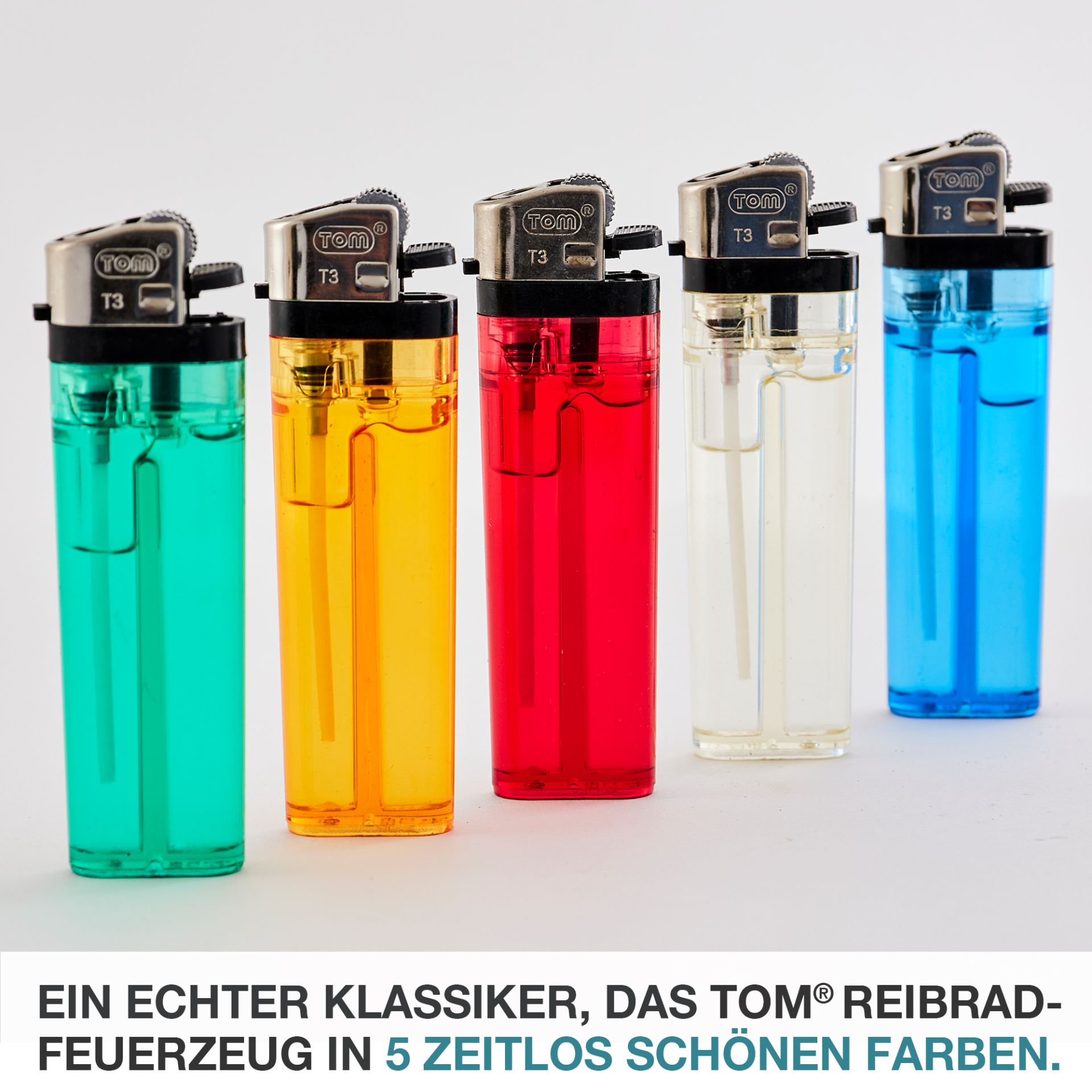 TOM Reibrad Feuerzeug in fünf Farben 