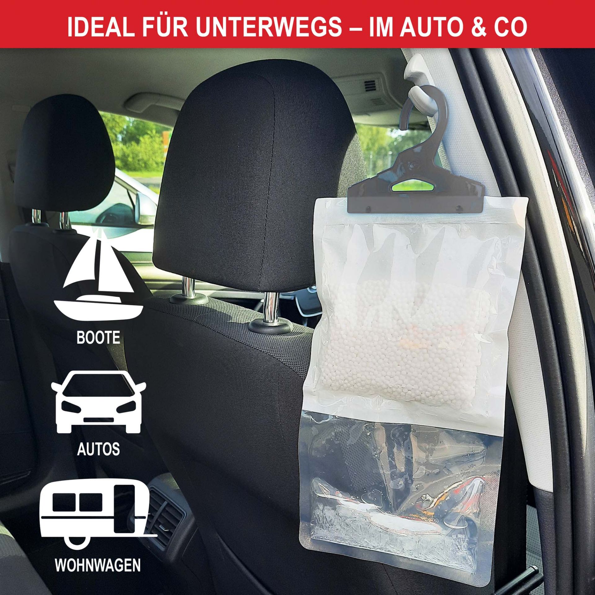 Luftentfeuchter zum Aufhängen - Ideal für Unterwegs zum Beispiel Autos, Boote, Wohnwagen