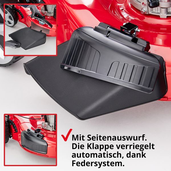 Benzin-Rasenmäher mit Seitenauswurf Klappe verriegelt automatisch durch das Federsystem 