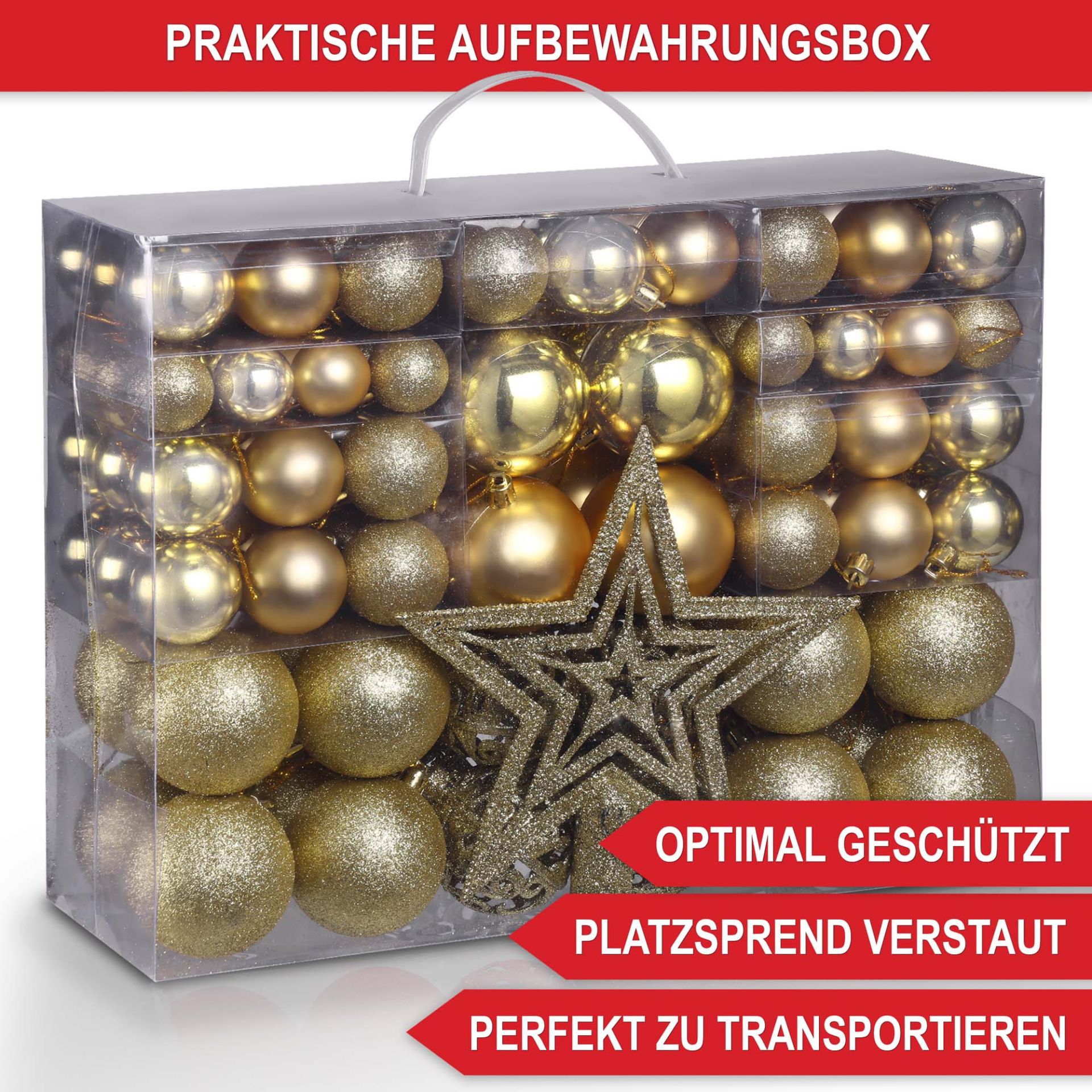 Weihnachtskugeln Gold - Praktische Aufbewahrungsbox, optimal geschützt, platzsparend verstaut, perfekt transportieren