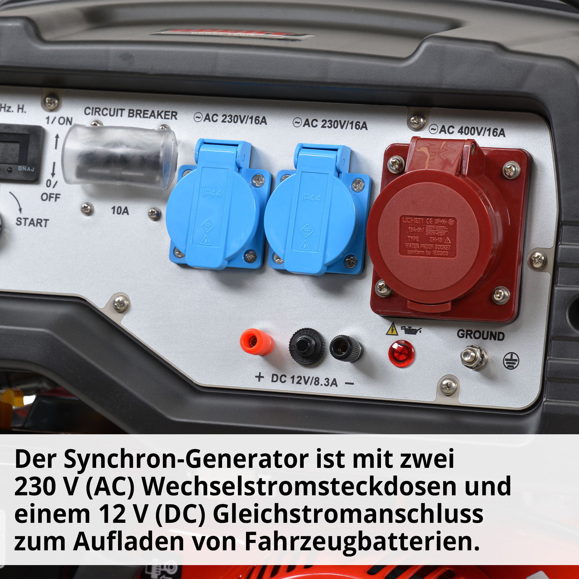 Notstromaggregat Benzin; Der Synchron-Generator ist mit 2x 230 Volt Wechselstromsteckdosen und einem 12 Volt Gleichstromanschluss zum Aufladen von Fahrzeugbatterie