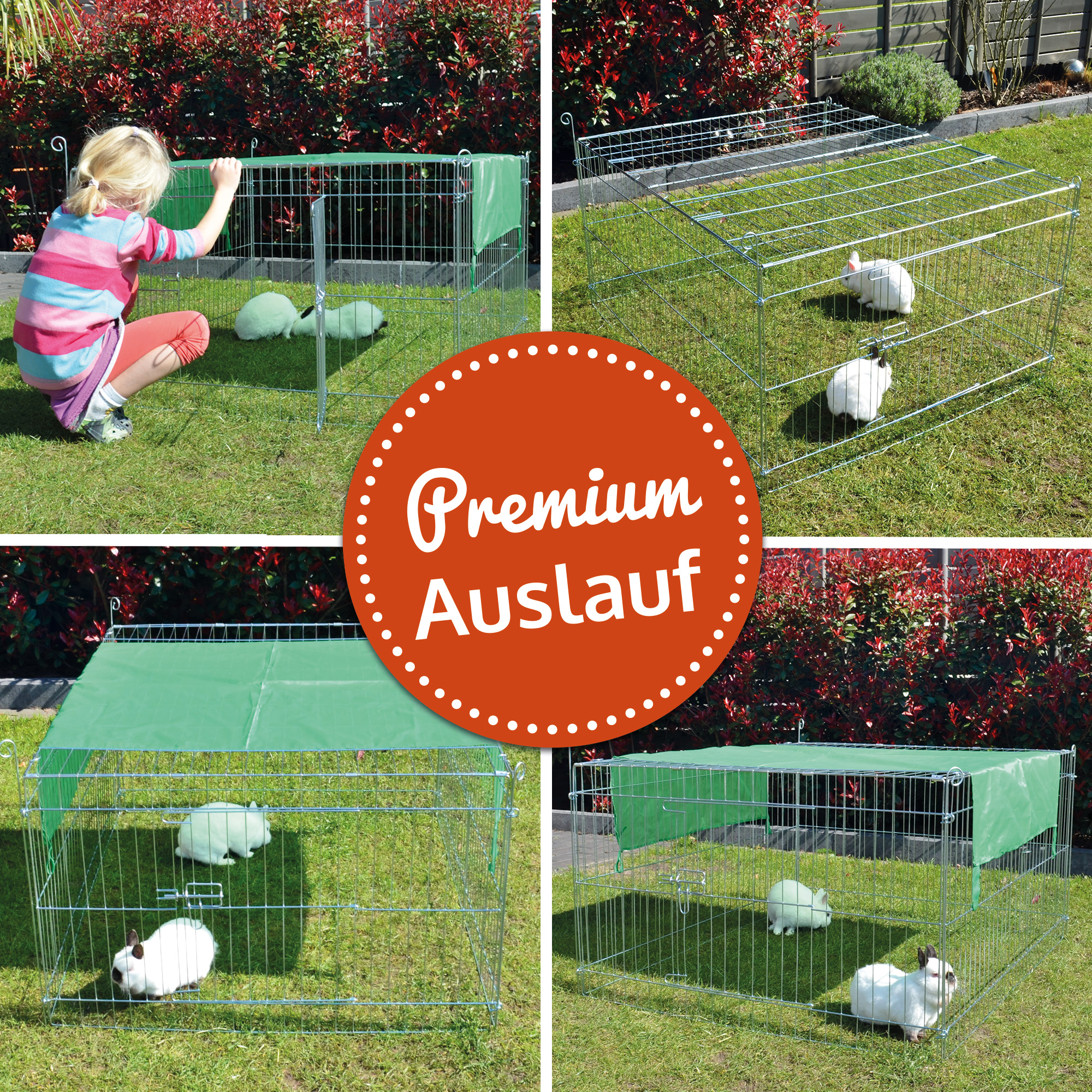 Auslauf mit 4 Ansichten – zeigt Aufbau, Schutz und Anwendung im Garten