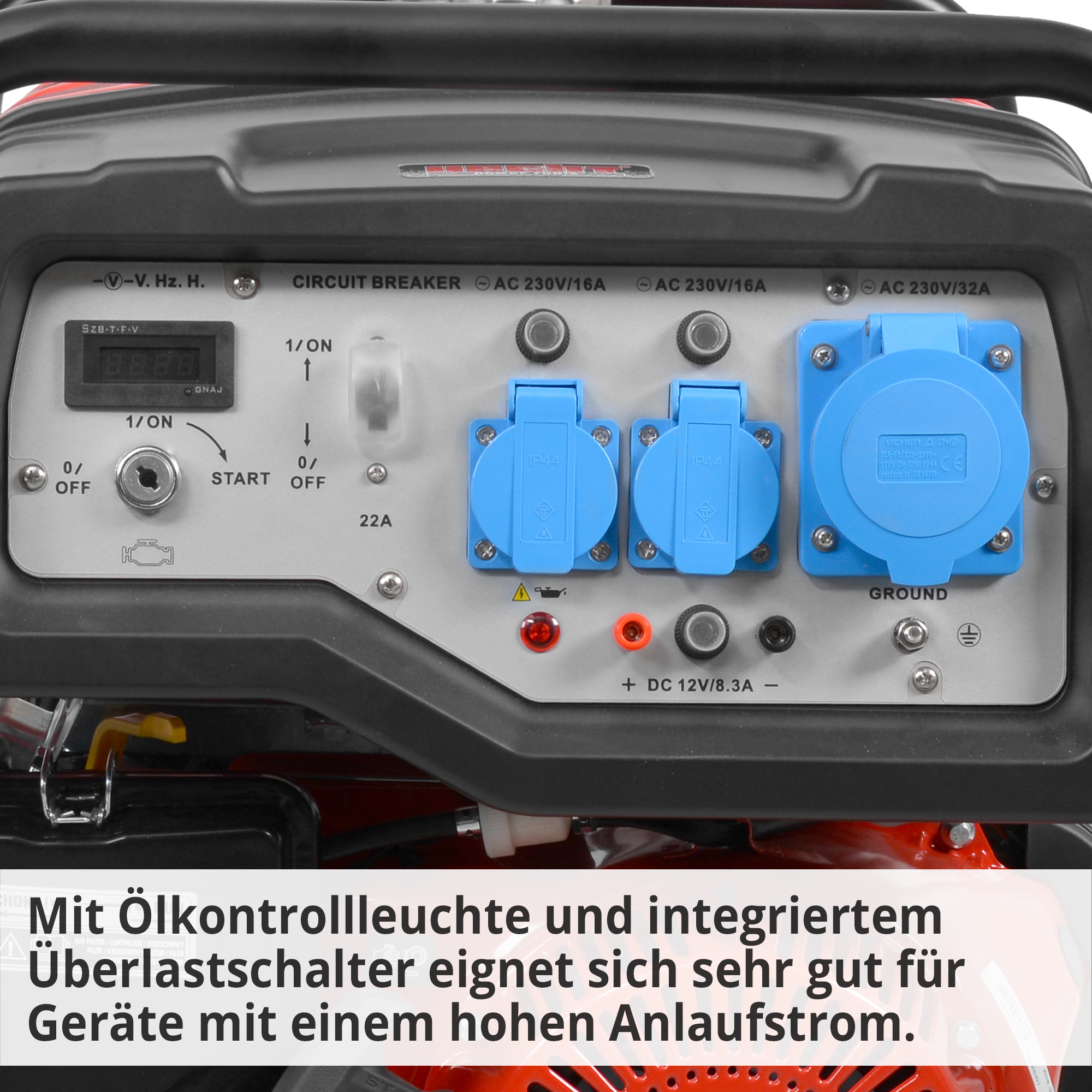 Stromgenerator; Mit Ölkontrollleuchte und integrierter Überlastschalter, daher geeignet für Geräte mit hohem Anlaufstrom
