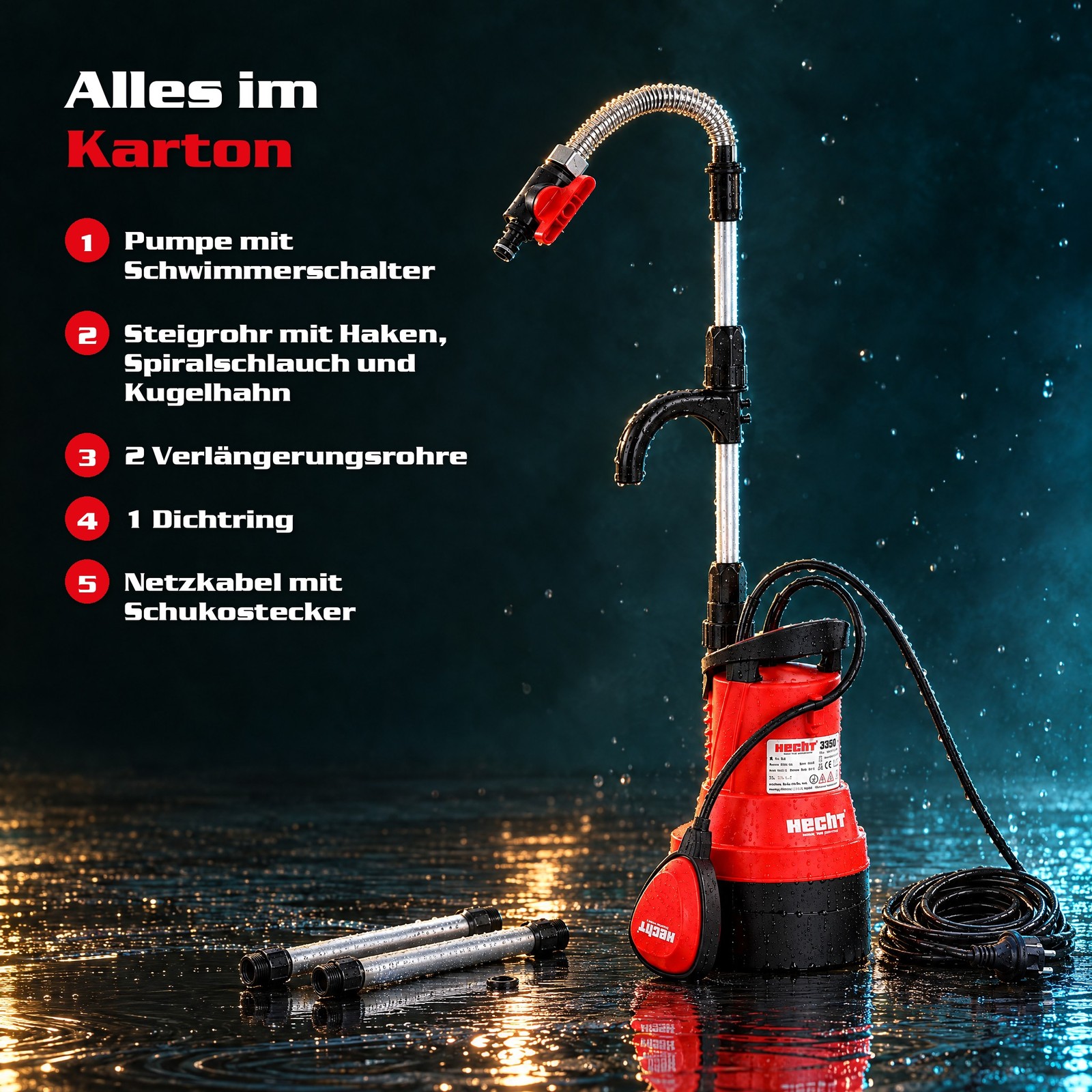 Lieferumfang: Pumpe mit Schwimmerschalter, Steigrohr, 2 Verlängerungsrohre, Dichtring (Dieses Bild wurde mit Hilfe von KI generiert.)