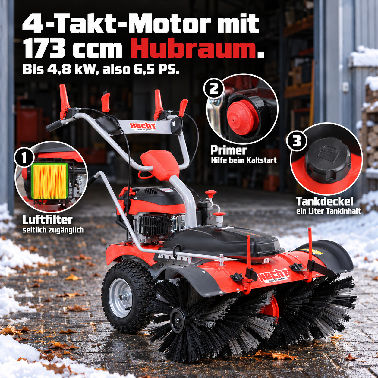 Starke HECHT Benzin-Kehrmaschine mit 173 ccm 4-Takt-Motor (Dieses Bild wurde mit Hilfe von KI generiert.)