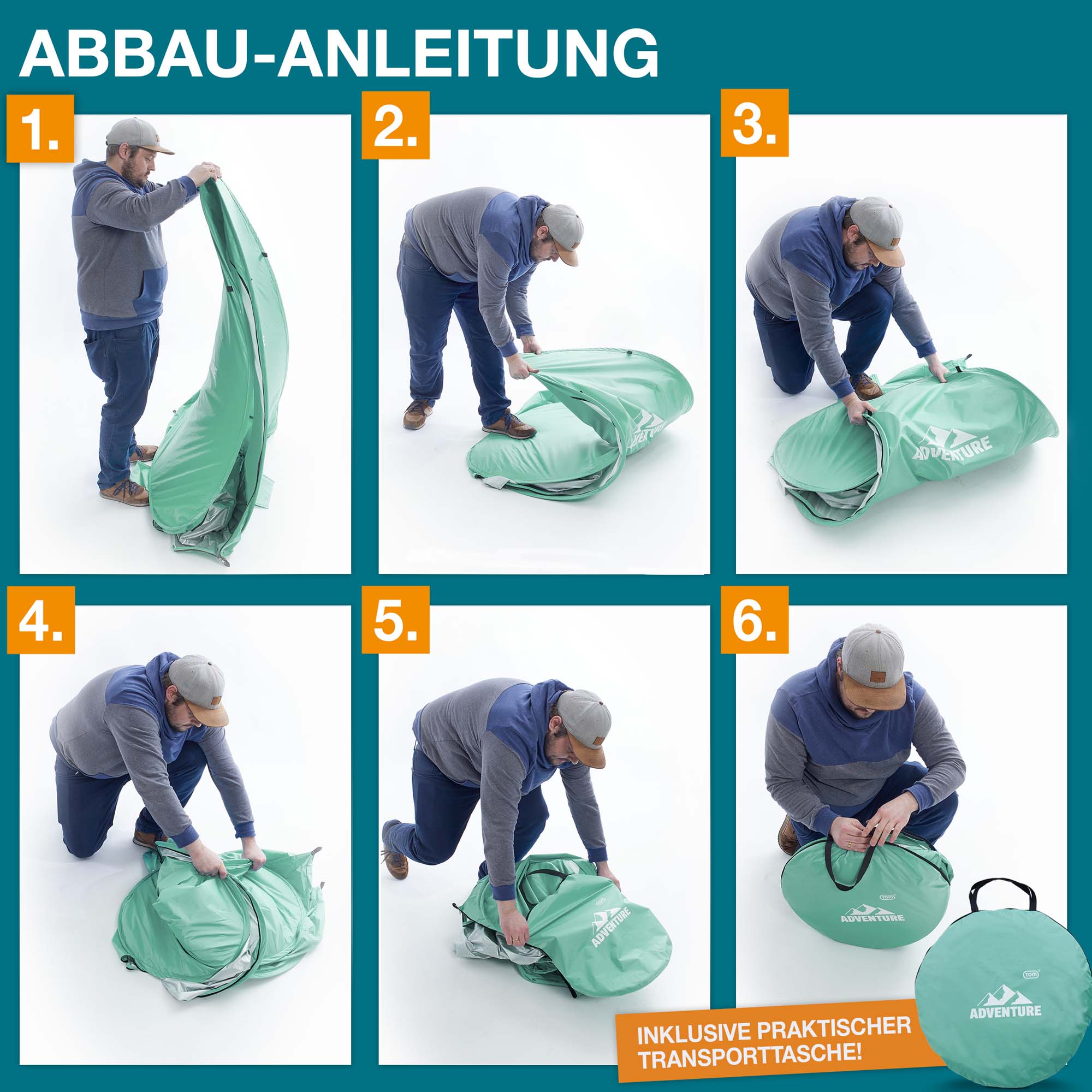 Schritt-für-Schritt-Abbauanleitung für eine grüne Strandmuschel inklusive praktischer Transporttasche