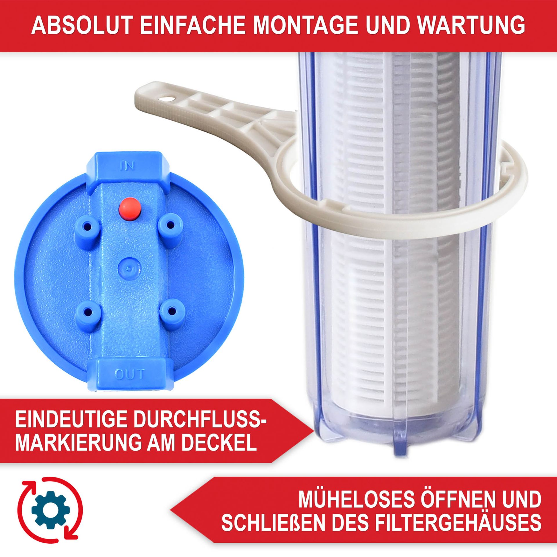 Wasserfilter WF-6055 mit absolut einfacher Montage und Wartung; eindeutige Durchflussmarkierung am Deckel; müheloses Öffnen und schließen des Filtergehäuses