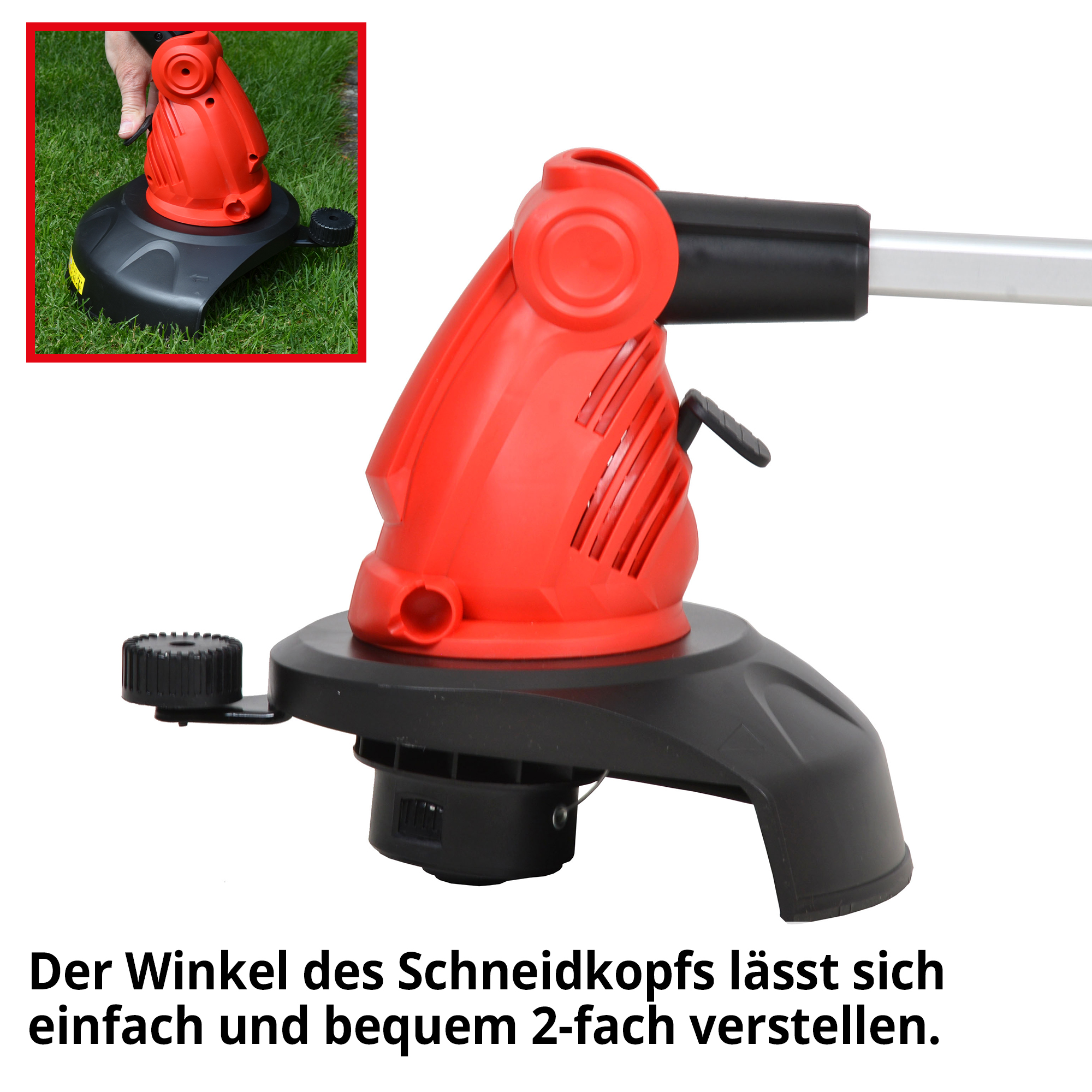 Rasentrimmer; Winkel des Schneidkopfes lässt sich 2-fach verstellen