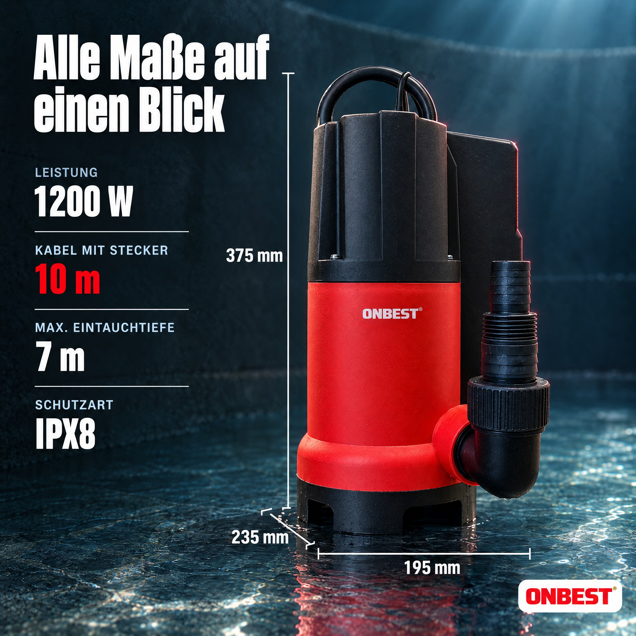Maße Schmutzwasserpumpe: 375 mm Höhe, 1200 W Leistung und IPX8 Schutzart (Dieses Bild wurde mit Hilfe von KI generiert.)