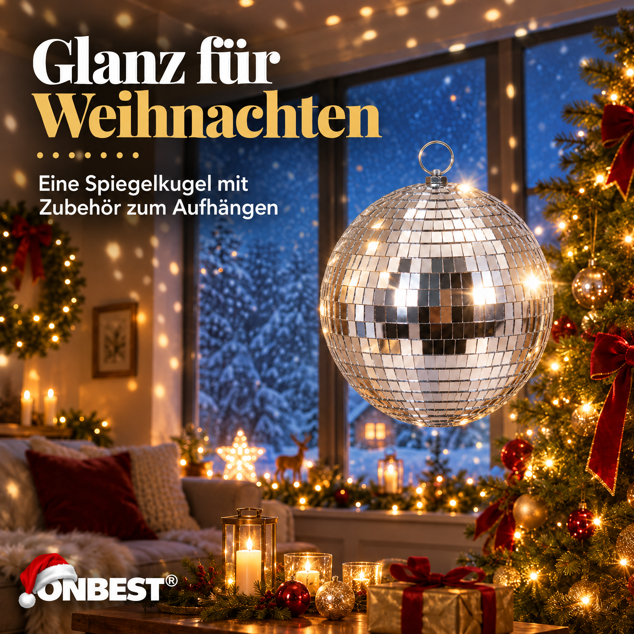 Glanz für Weihnachten - ONBEST Discokugel 20 cm Silber mit Aufhänge-Zubehör am Weihnachtsbaum (Dieses Bild wurde mit Hilfe von KI generiert.)