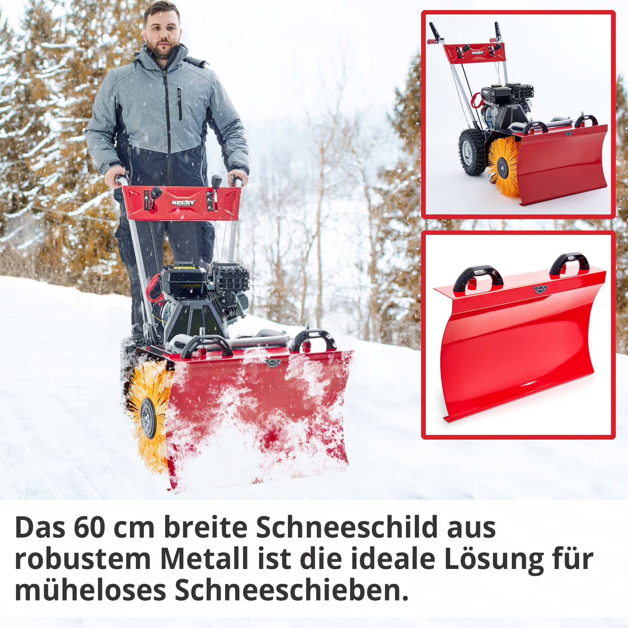 Hecht 8615 Kehrmaschine SET; Das breite Schneeschild aus robustem Metall ist die ideale Lösung für müheloses Schneeschieben