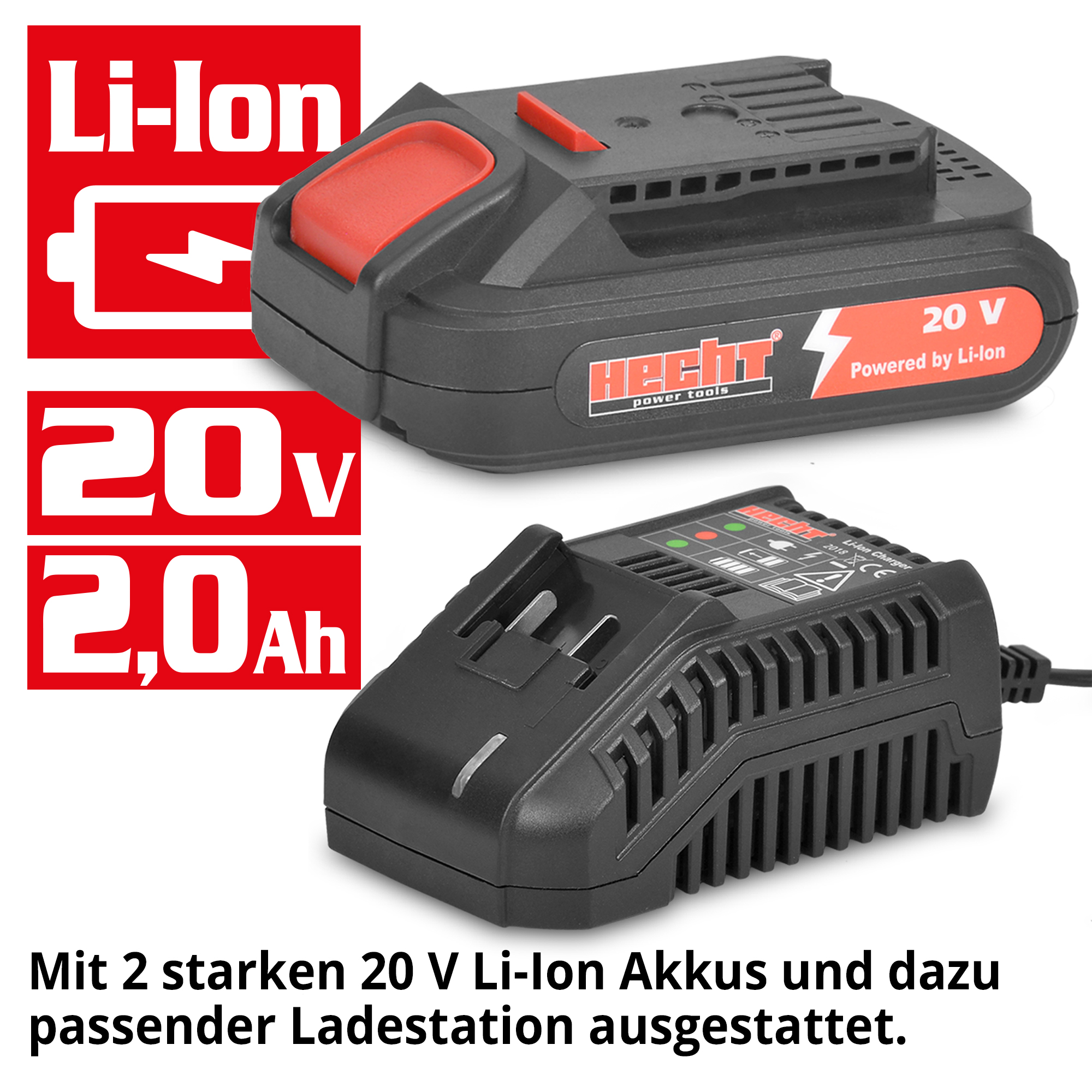 HECHT 1278 Akkuschrauber mit 2 20 V Li-Ion Akku und dazu passender Ladestation