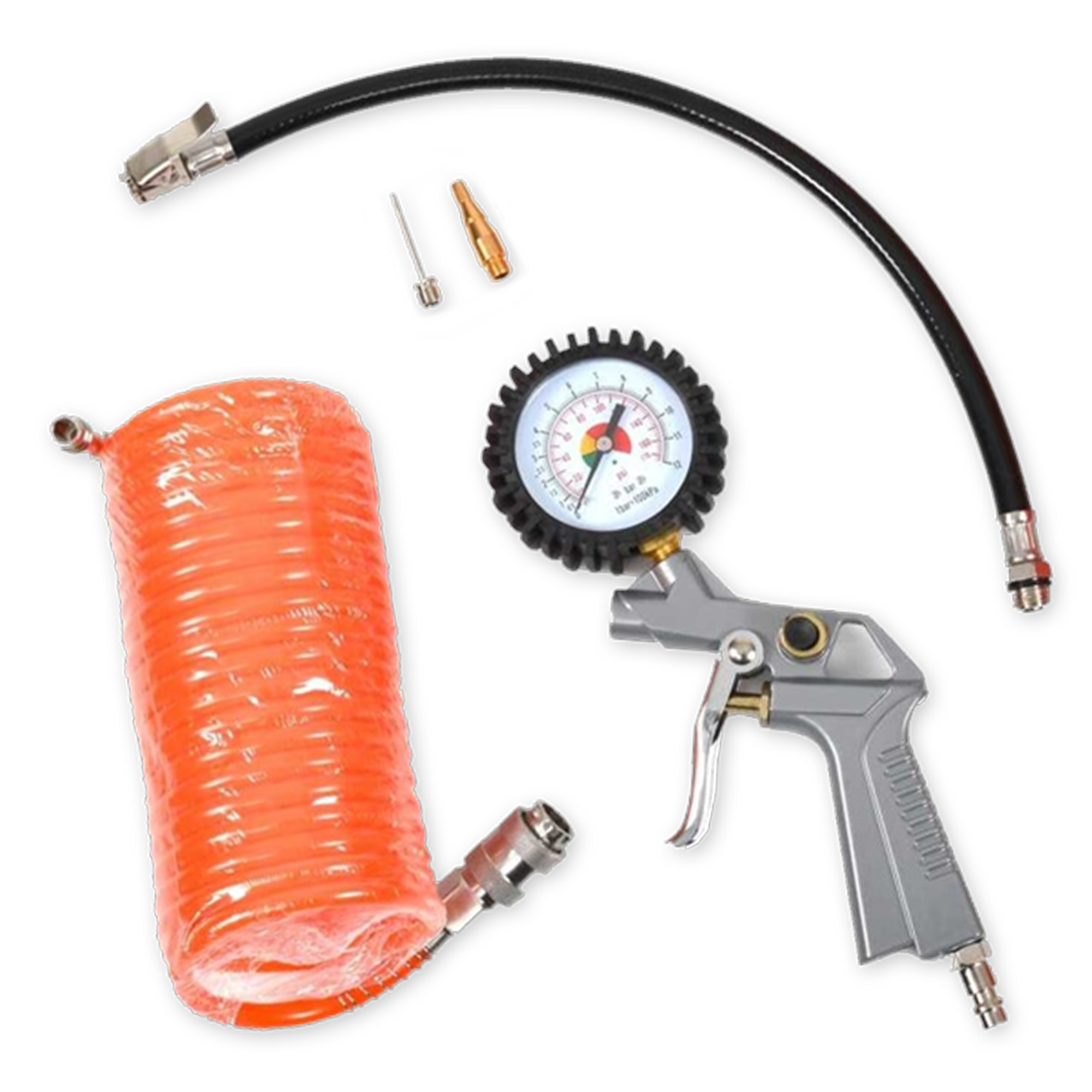 HECHT 002024 Kompressor Zubehör Set mit 5 Meter Spiralschlauch, Druckluftpistole mit Manometer und Verlängerung und zwei Adaptern