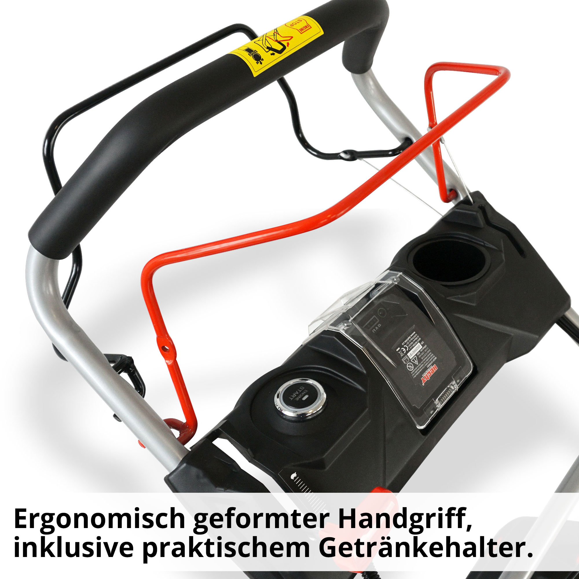 Anwender startet den HECHT Benzin-Rasenmäher schnell und zuverlässig per Knopfdruck über den Elektrostarer