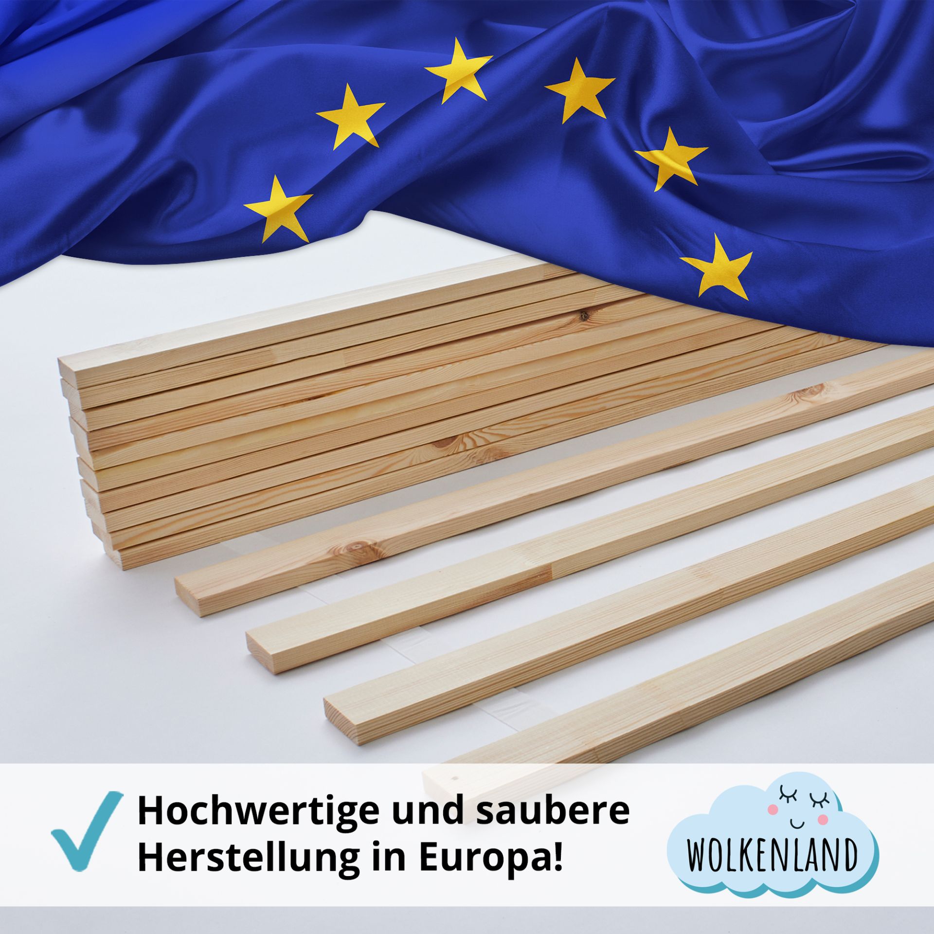 Lattenrost 140x200 cm aus europäischer Fertigung – sauber verarbeitetes Kiefernholz unter EU-Flagge